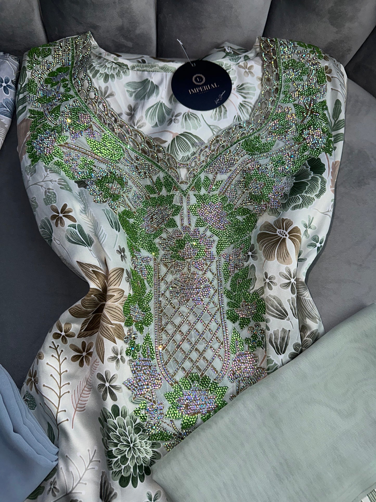 Green, grey, brown, blue and pink mkhawars with corset and matching Shiela