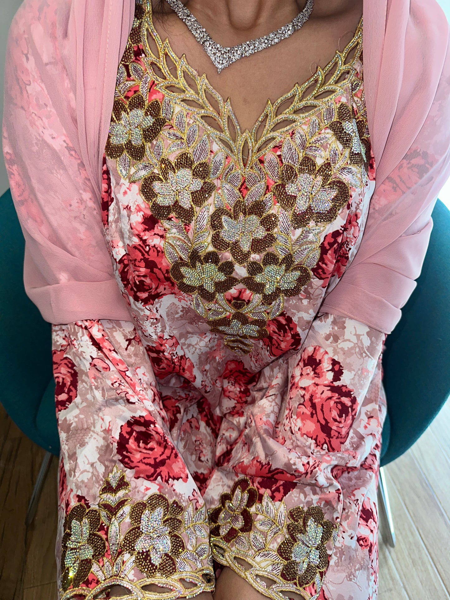 Pink and red mkhawar with matching Shiela