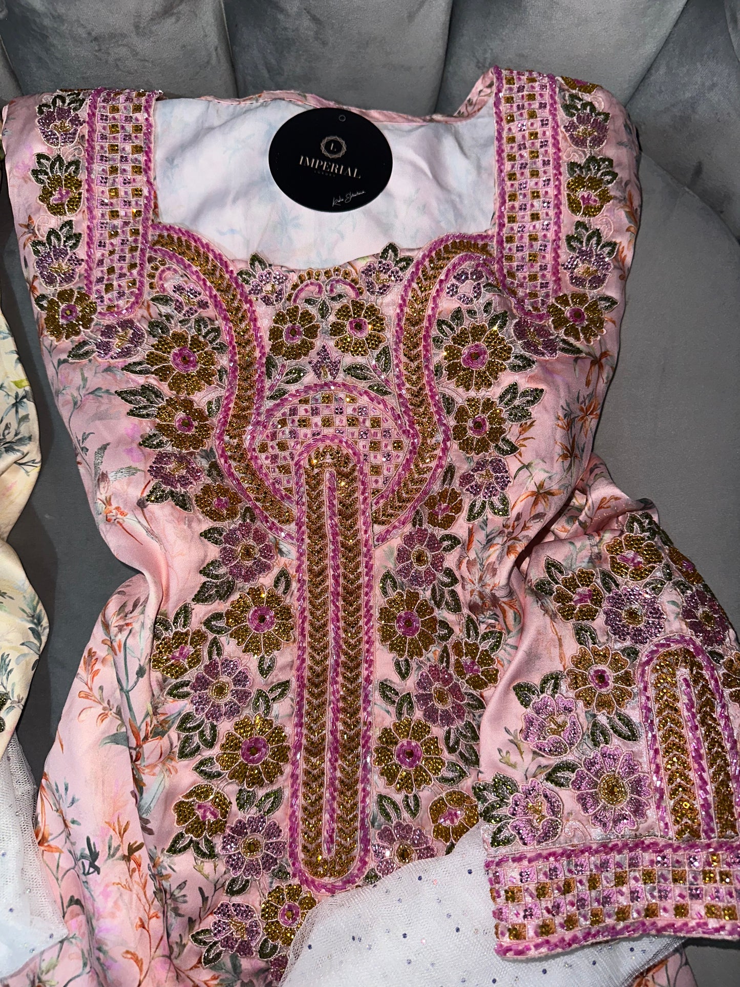Pink, creamy, grey, green and white handmade mkhawar with corset back and chiffon Shiela