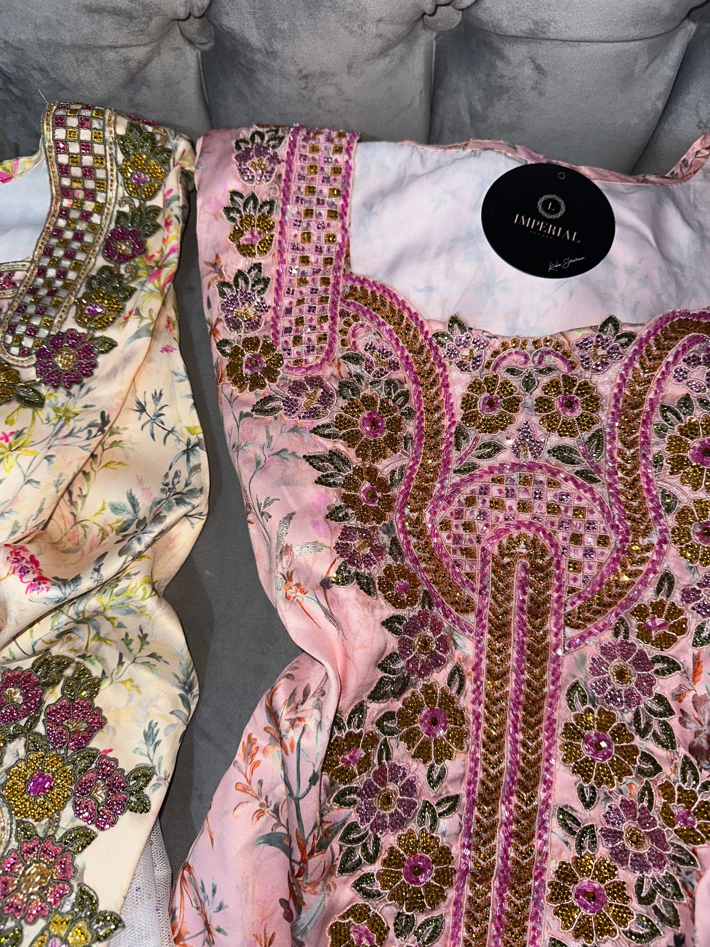 Pink, creamy, grey, green and white handmade mkhawar with corset back and chiffon Shiela