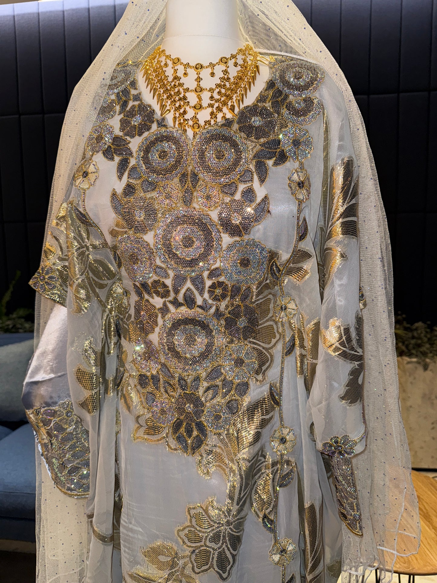 Grey/ blue sky Emirates Thobe with two pieces and belt inside