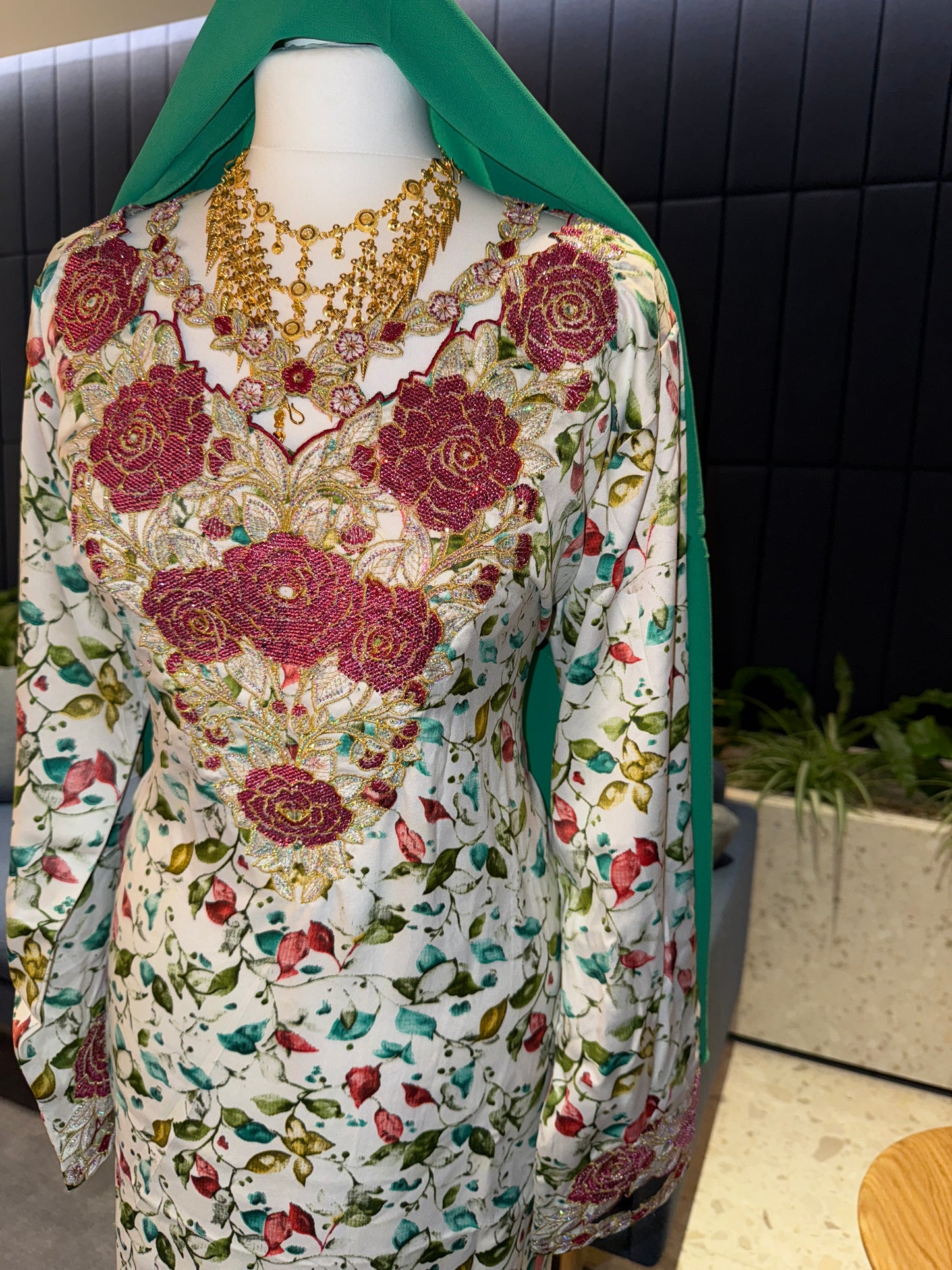 Green and white mukhawar with hijab