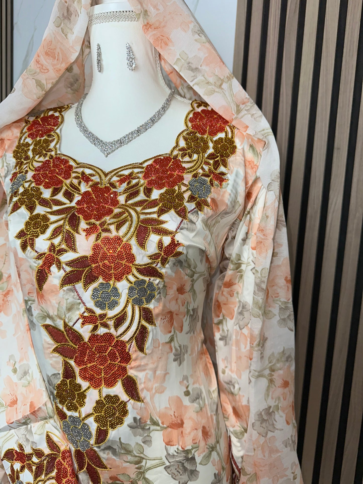 Orange and white mukhawar with matching Sheila and Arabic sleeves