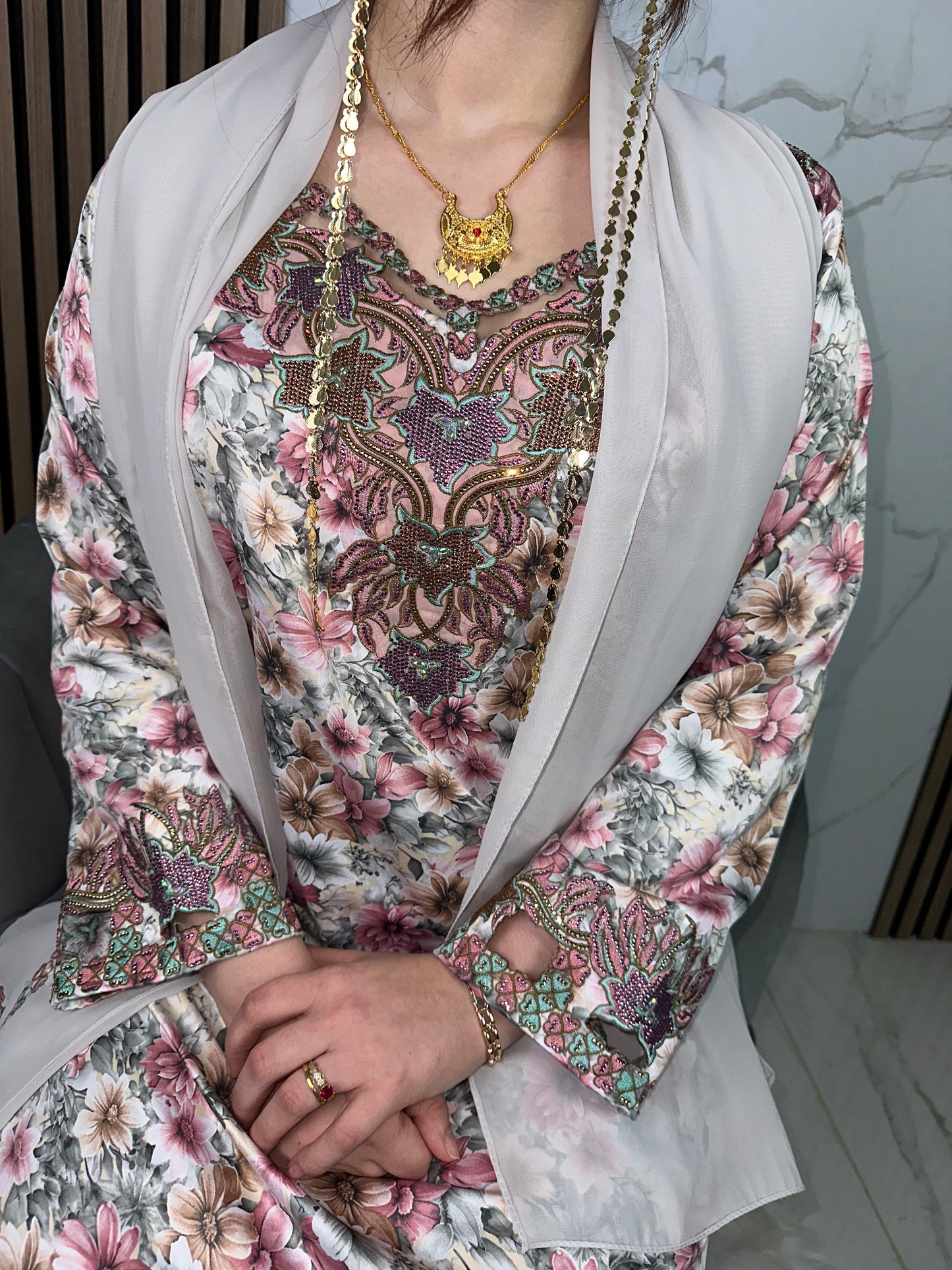 Pink and green mkhawar with matching Shiela and back corset