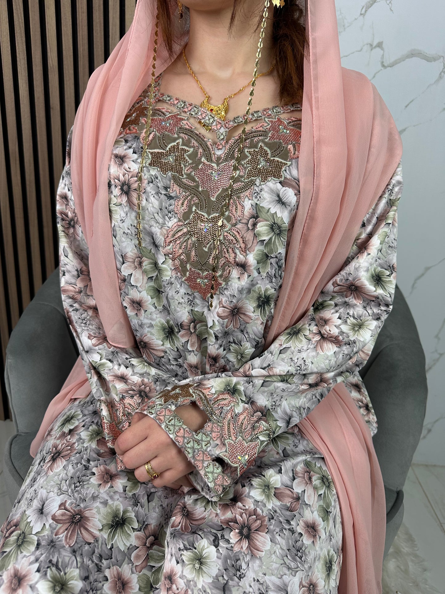 Peach mkhawar with matching Shiela and back corset