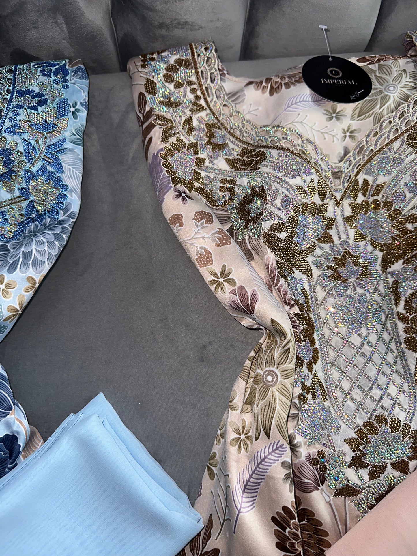 Green, grey, brown, blue and pink mkhawars with corset and matching Shiela