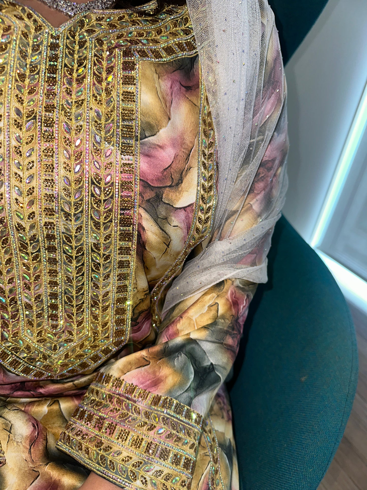 Pink and olive green Indonesian silk mkhawar