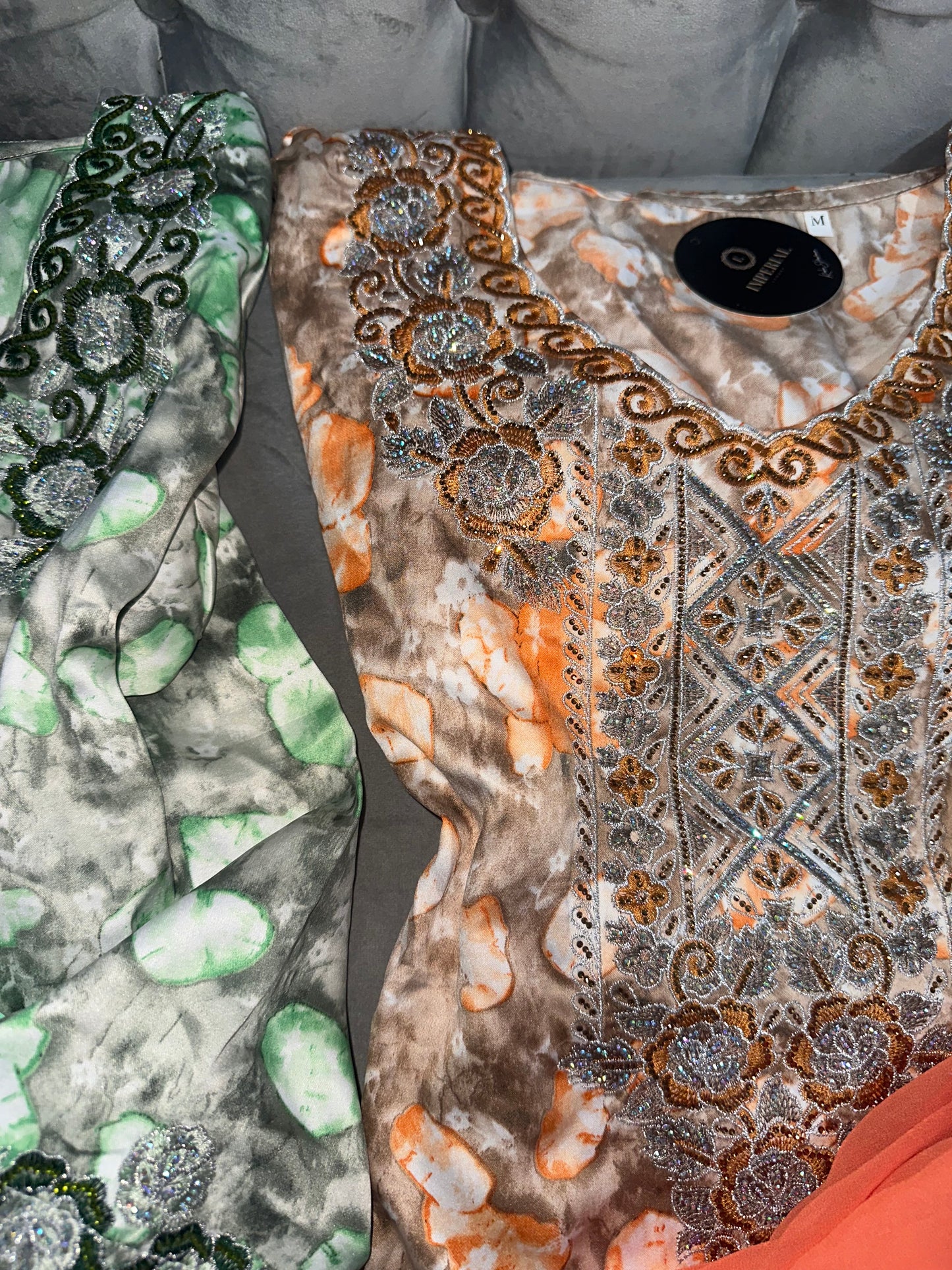 Purple, green, turquoise, red and orange mkhawar with matching Shiela and back corset