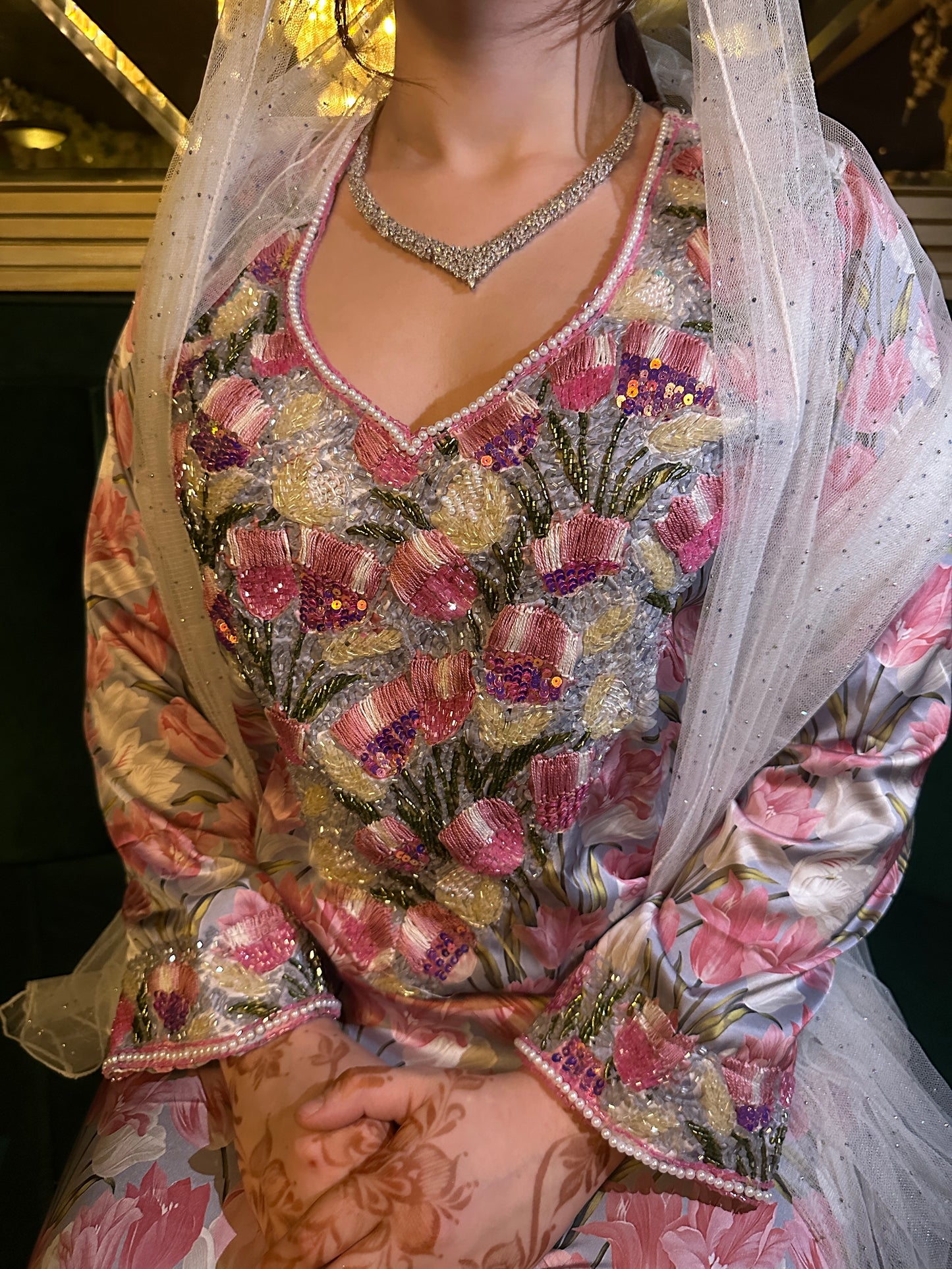 Pink pure silk mkhawar Hamdellah with corset back
