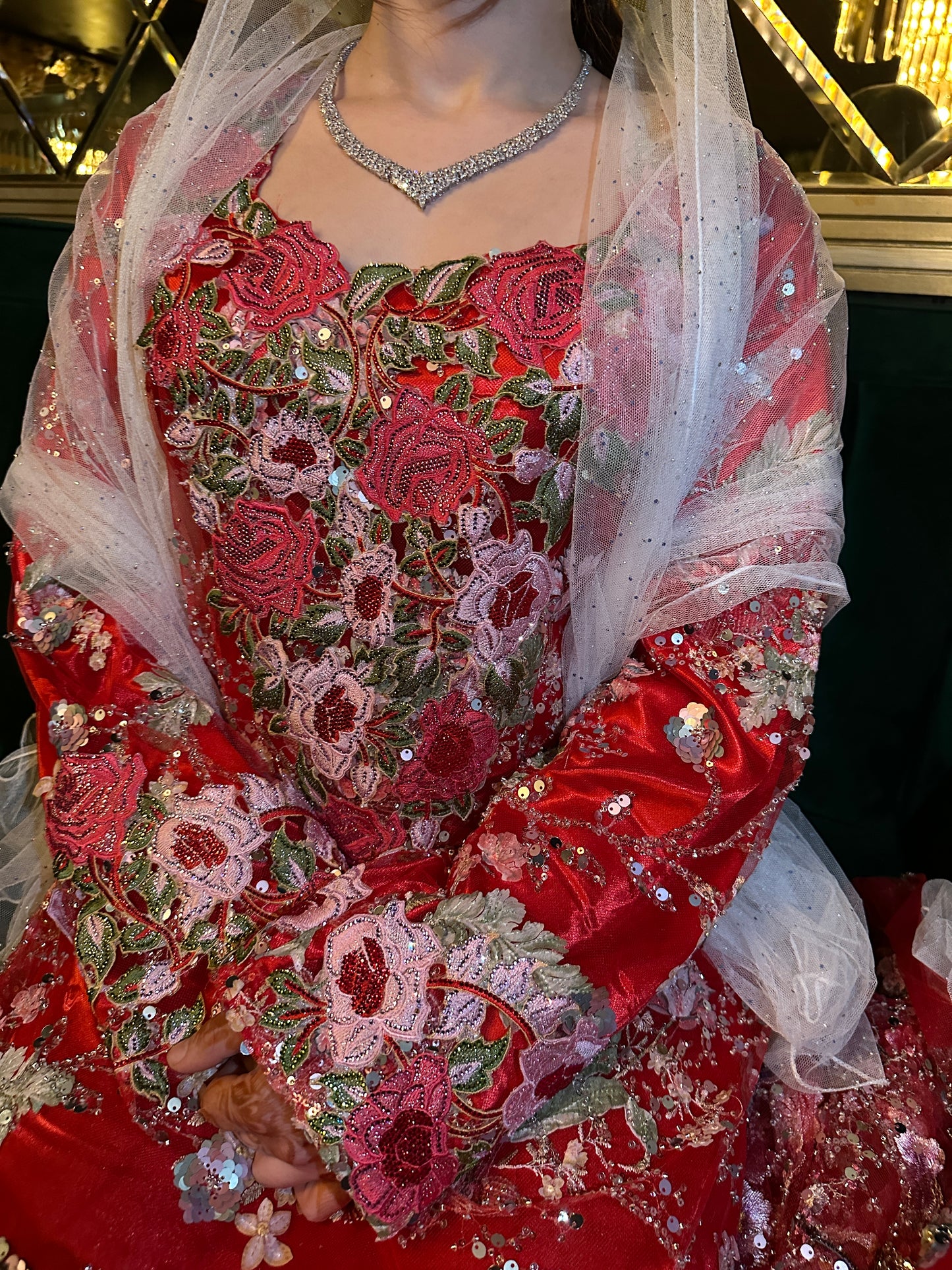 Red, fully handmade work mkhawar with inner