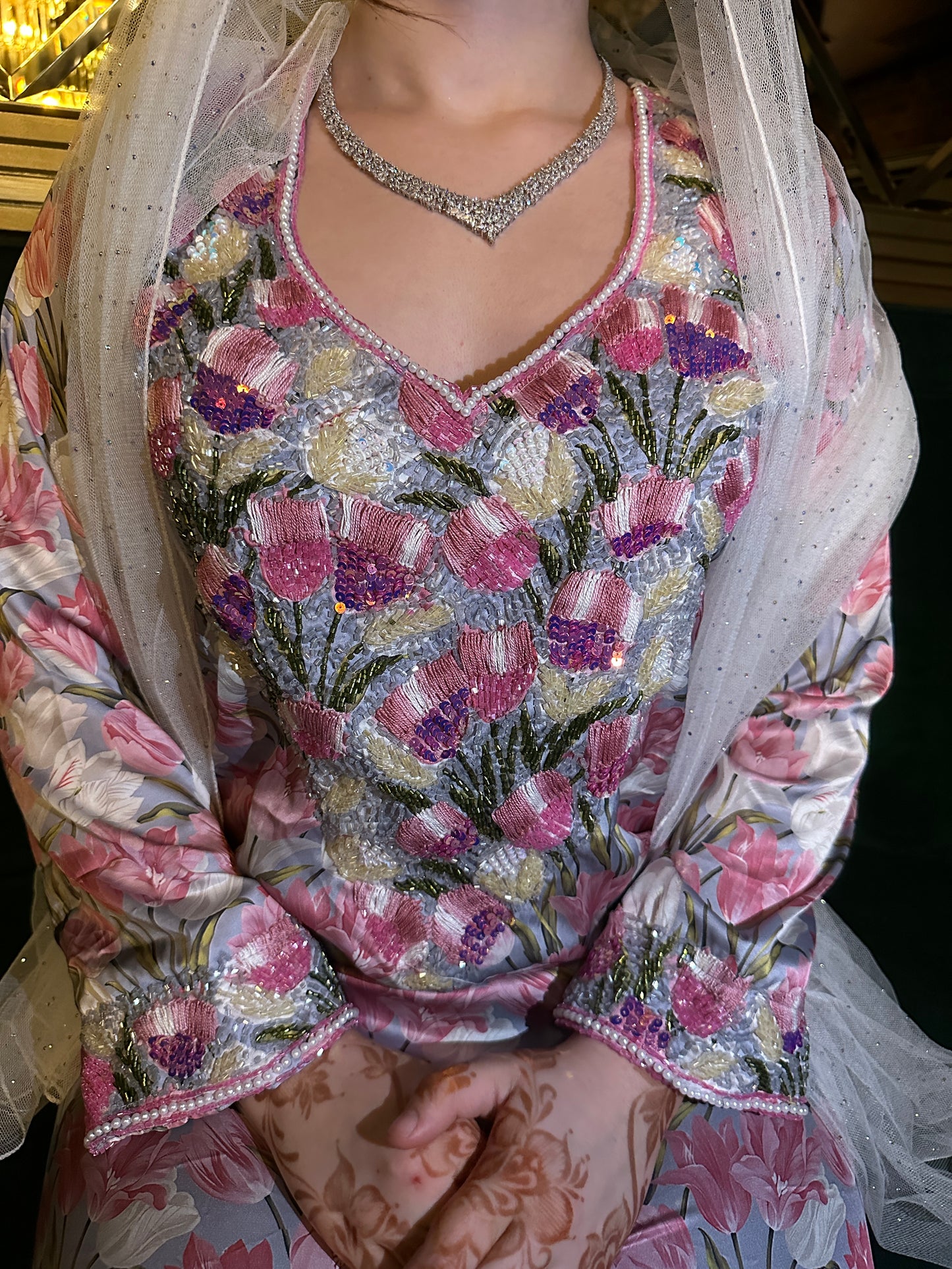 Pink pure silk mkhawar Hamdellah with corset back
