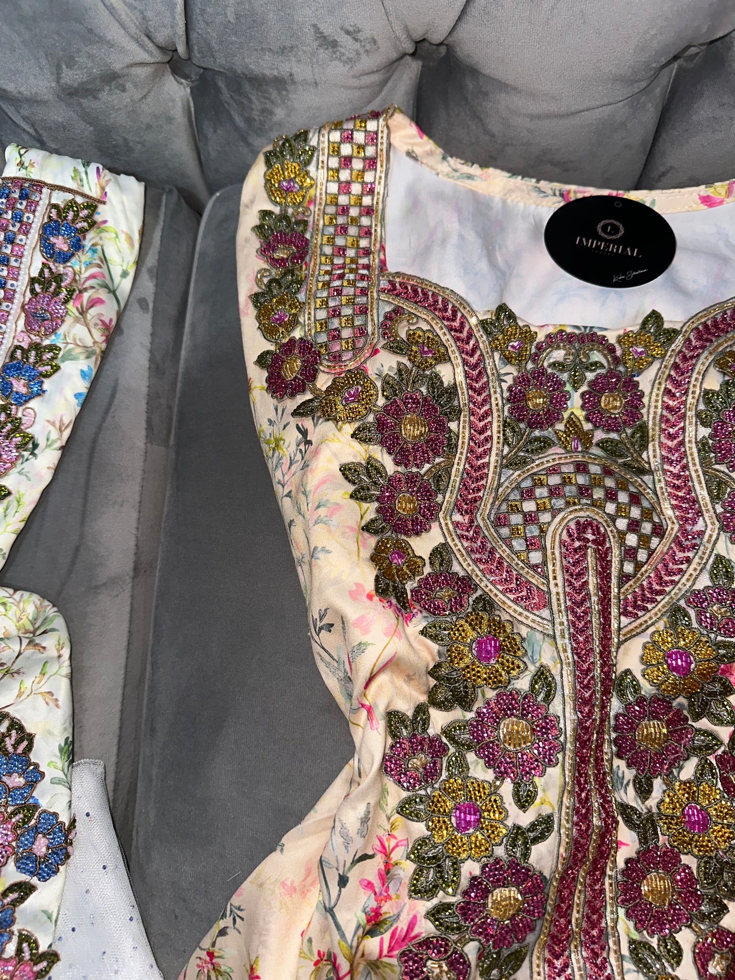Pink, creamy, grey, green and white handmade mkhawar with corset back and chiffon Shiela