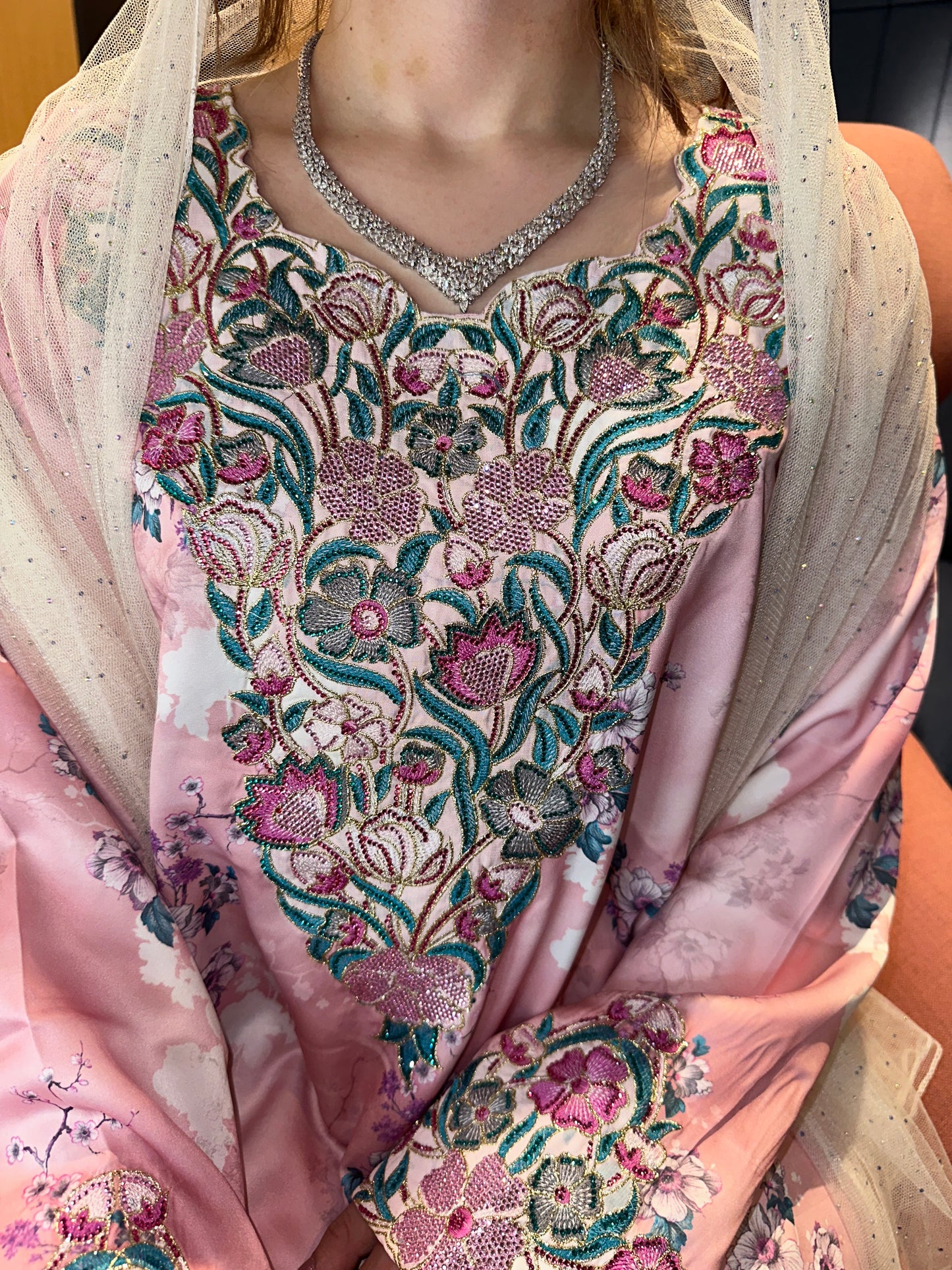Pink mkhawar with matching chiffon Shiela
