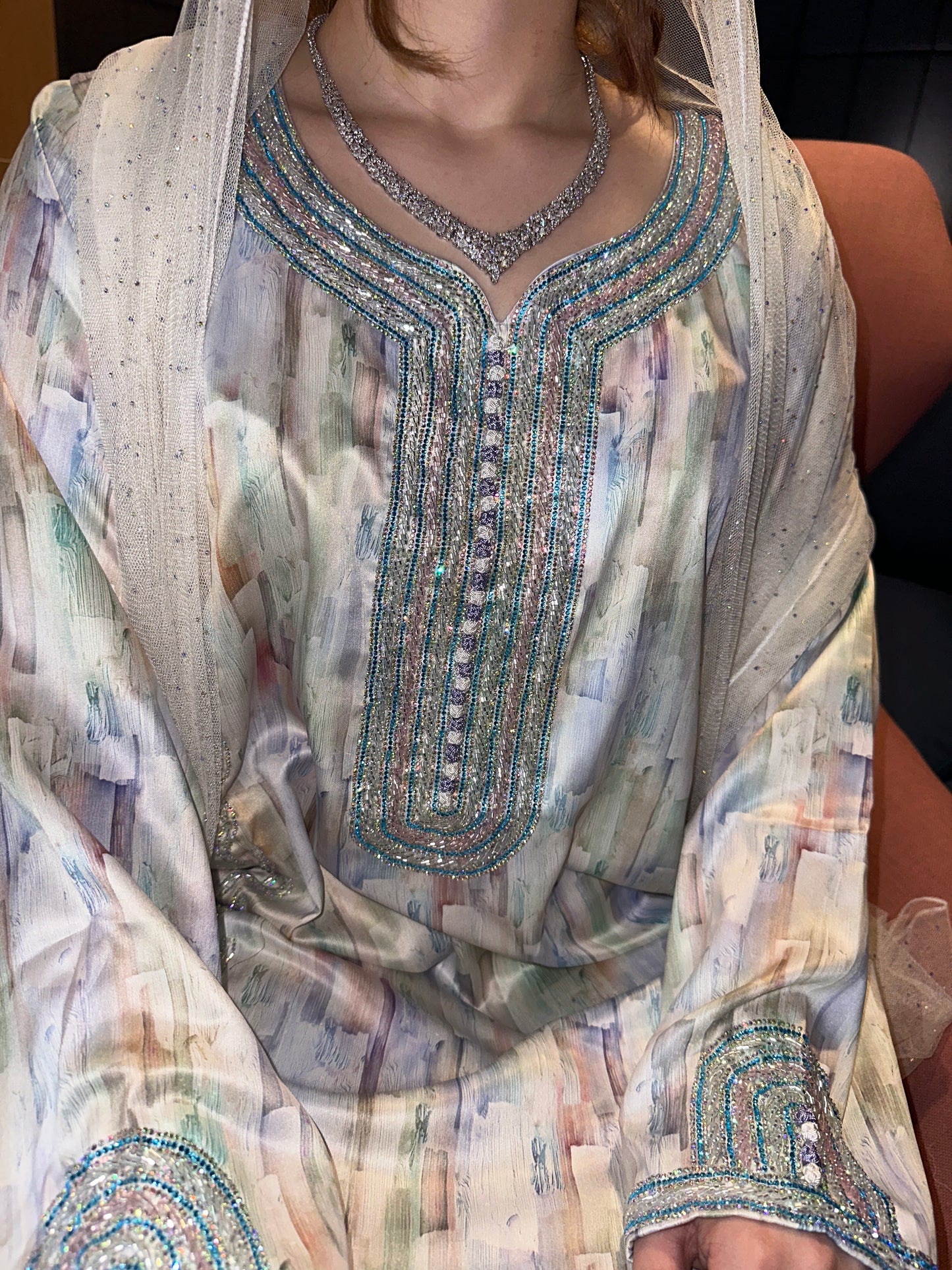 Beaded silk mkhwar with corset and chiffon Sheila (Moroccan kaftan style)