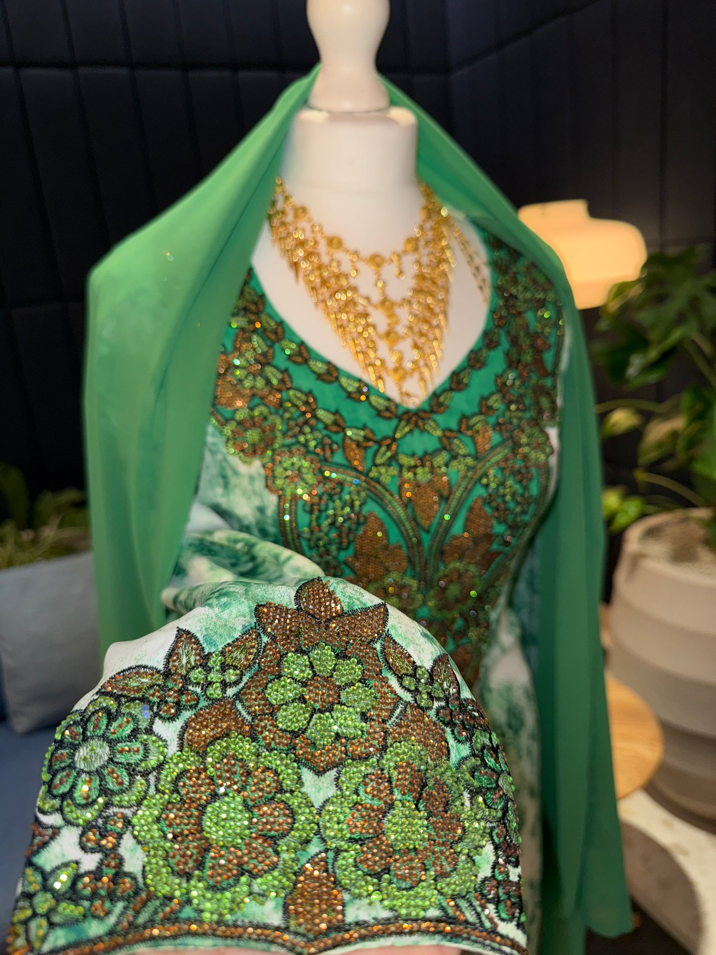 Green mukhawar with hijab and corset back