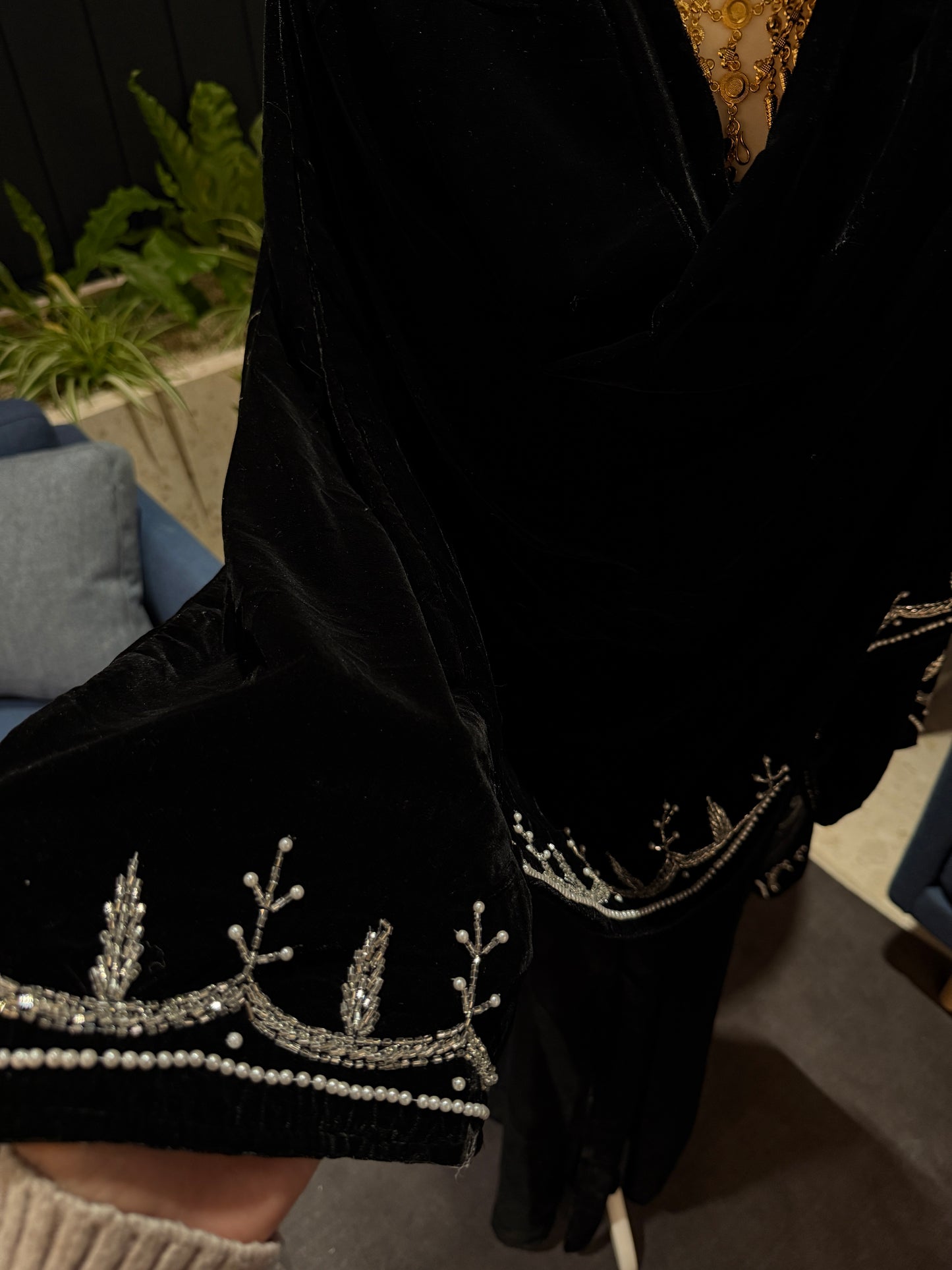 Black Velvet abaya with attached scarf, handmade work