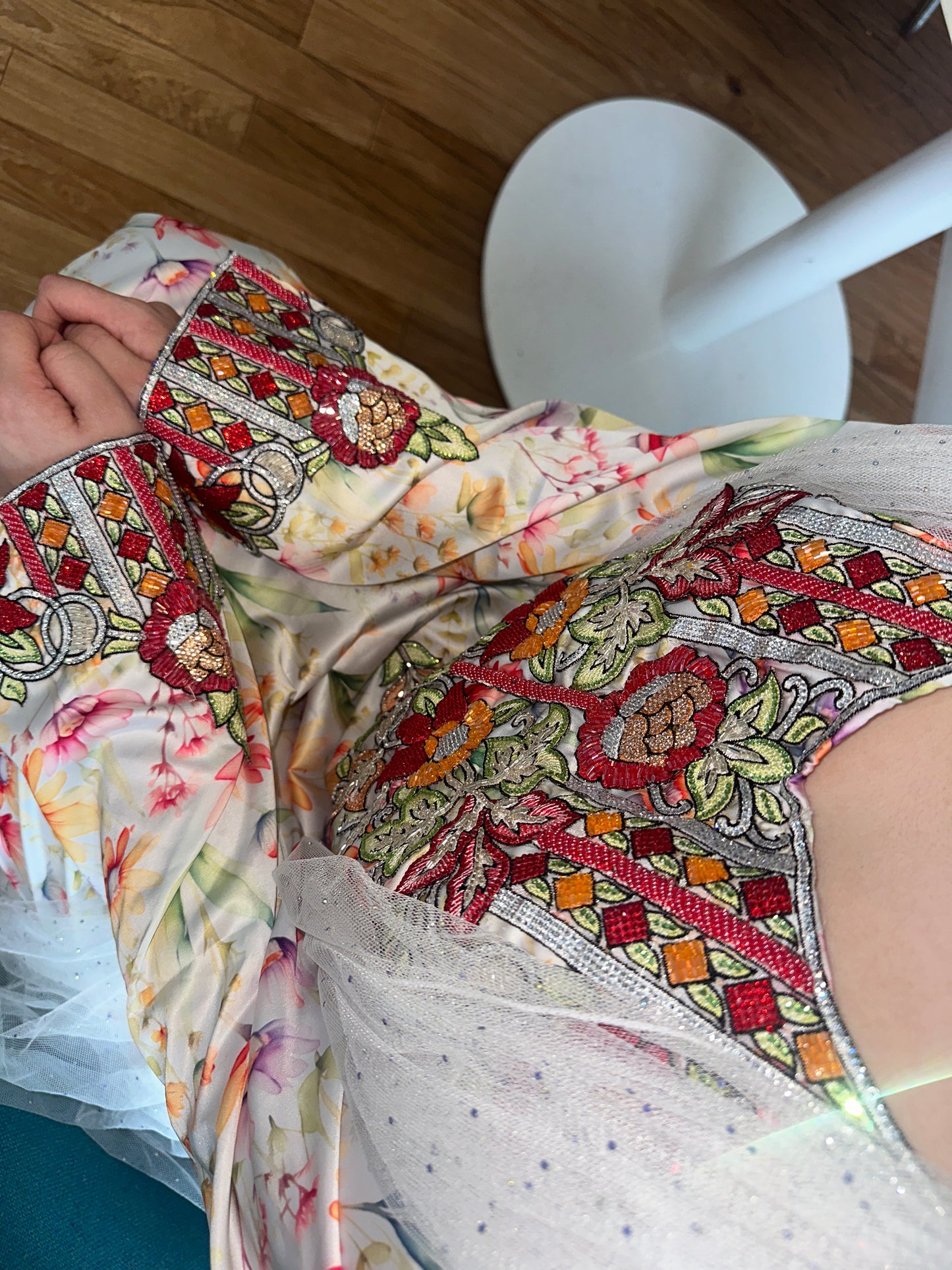 Red flowers beaded, pure silk mkhawar