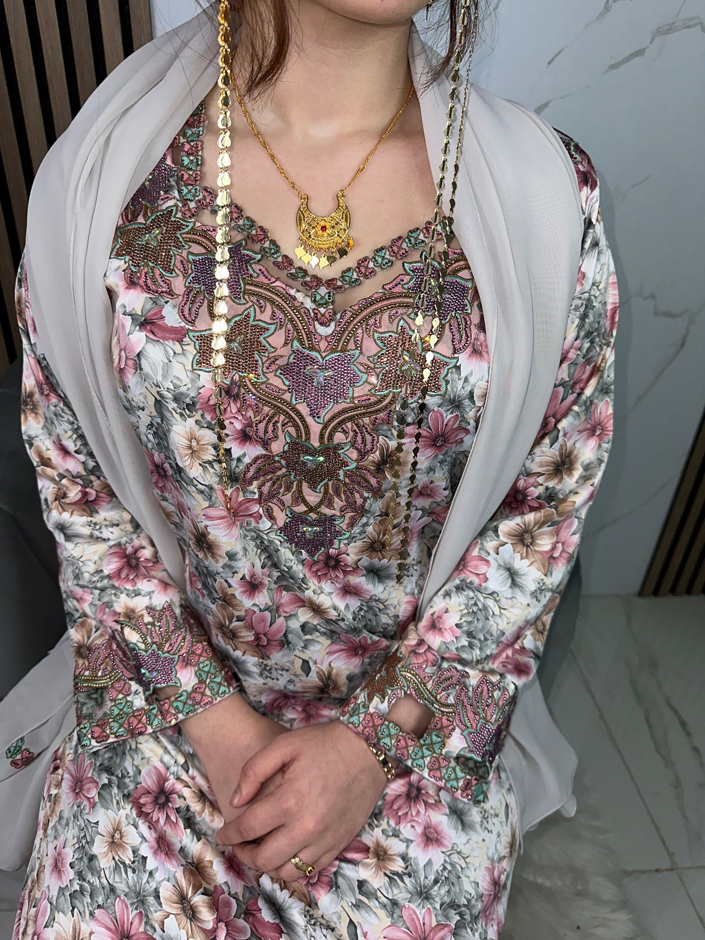 Pink and green mkhawar with matching Shiela and back corset