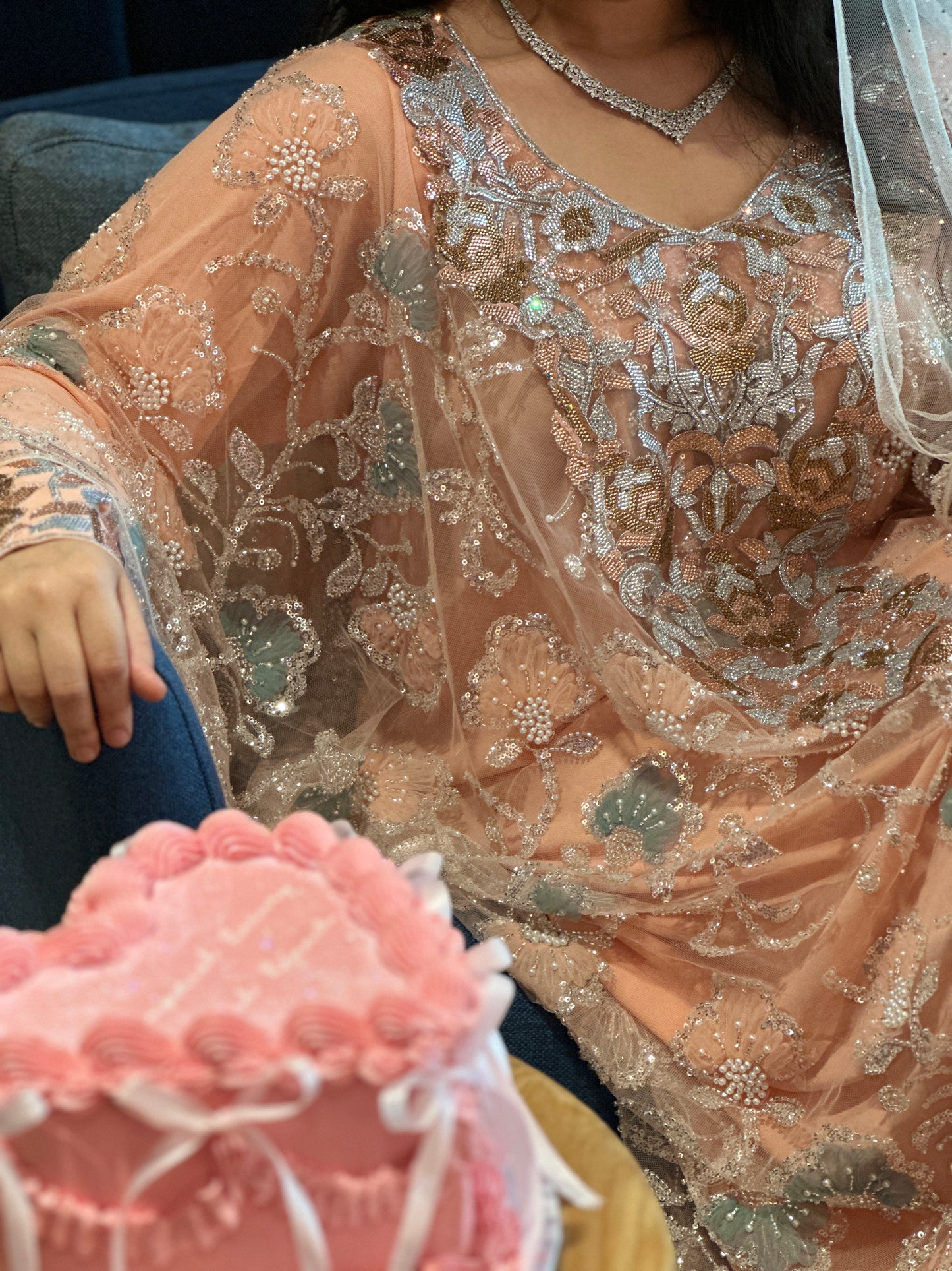 Fully handmade Emirates Thobe, two pieces with cream chiffon Sheila