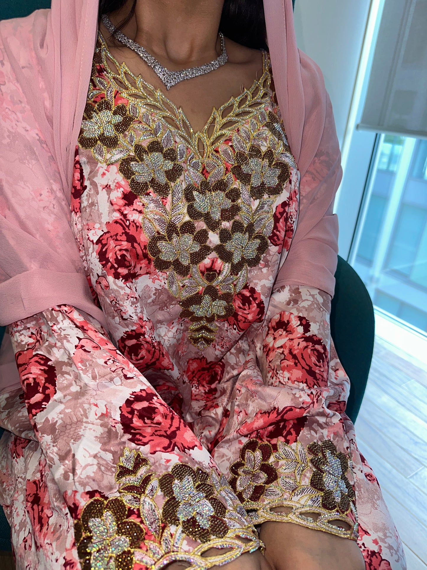 Pink and red mkhawar with matching Shiela
