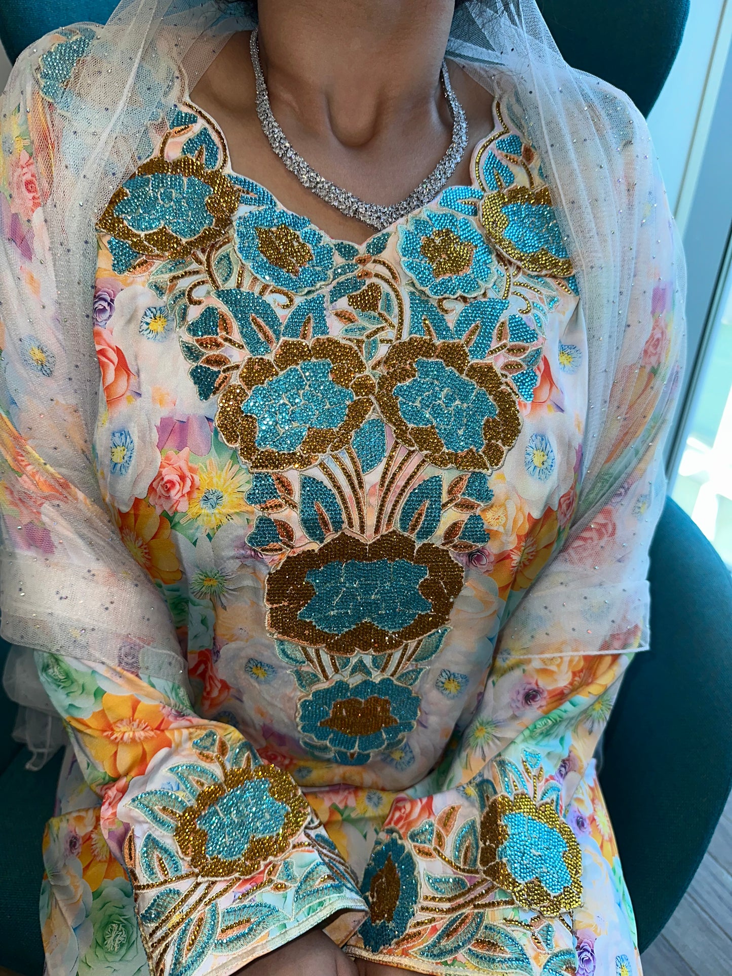 Orange flowers with blue and gold pure silk mkhawar 3D