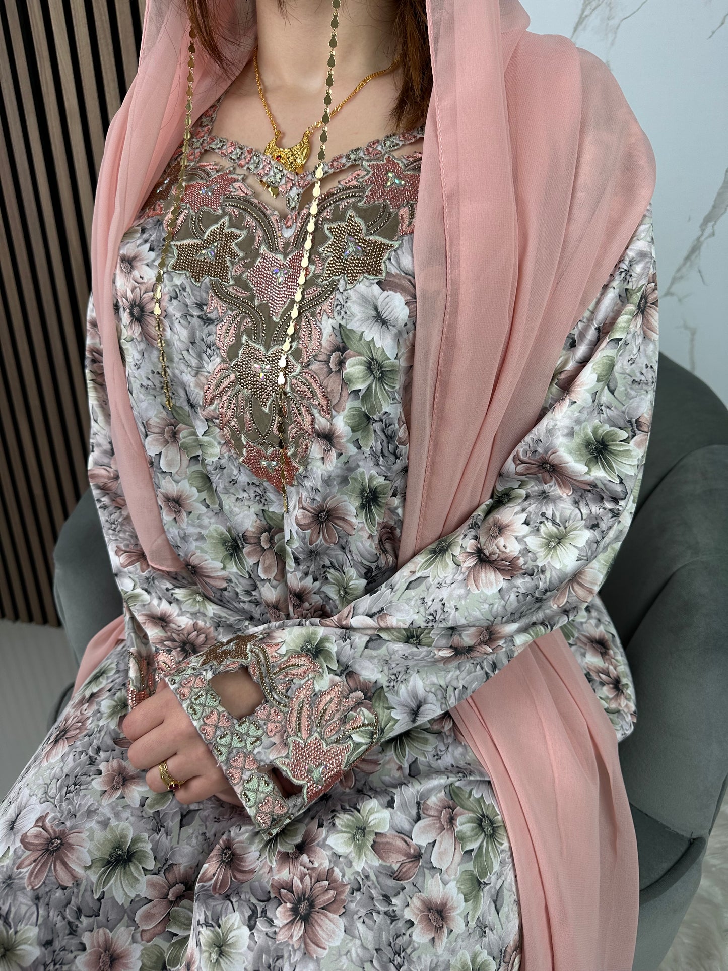 Peach mkhawar with matching Shiela and back corset