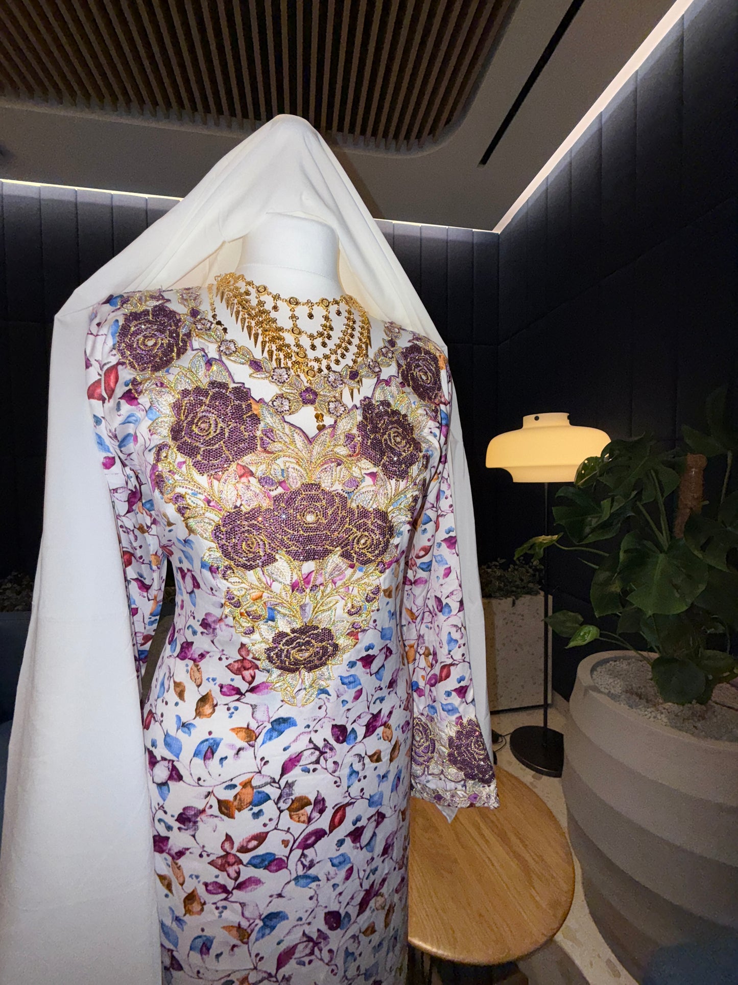 Purple and white mkhawar with hijab