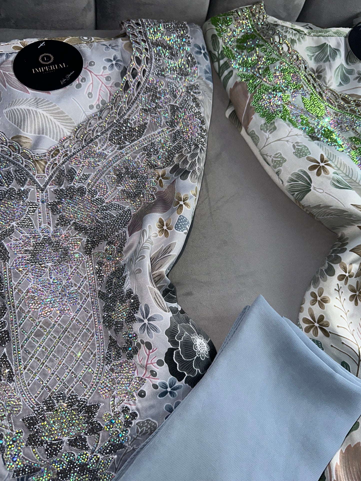 Green, grey, brown, blue and pink mkhawars with corset and matching Shiela