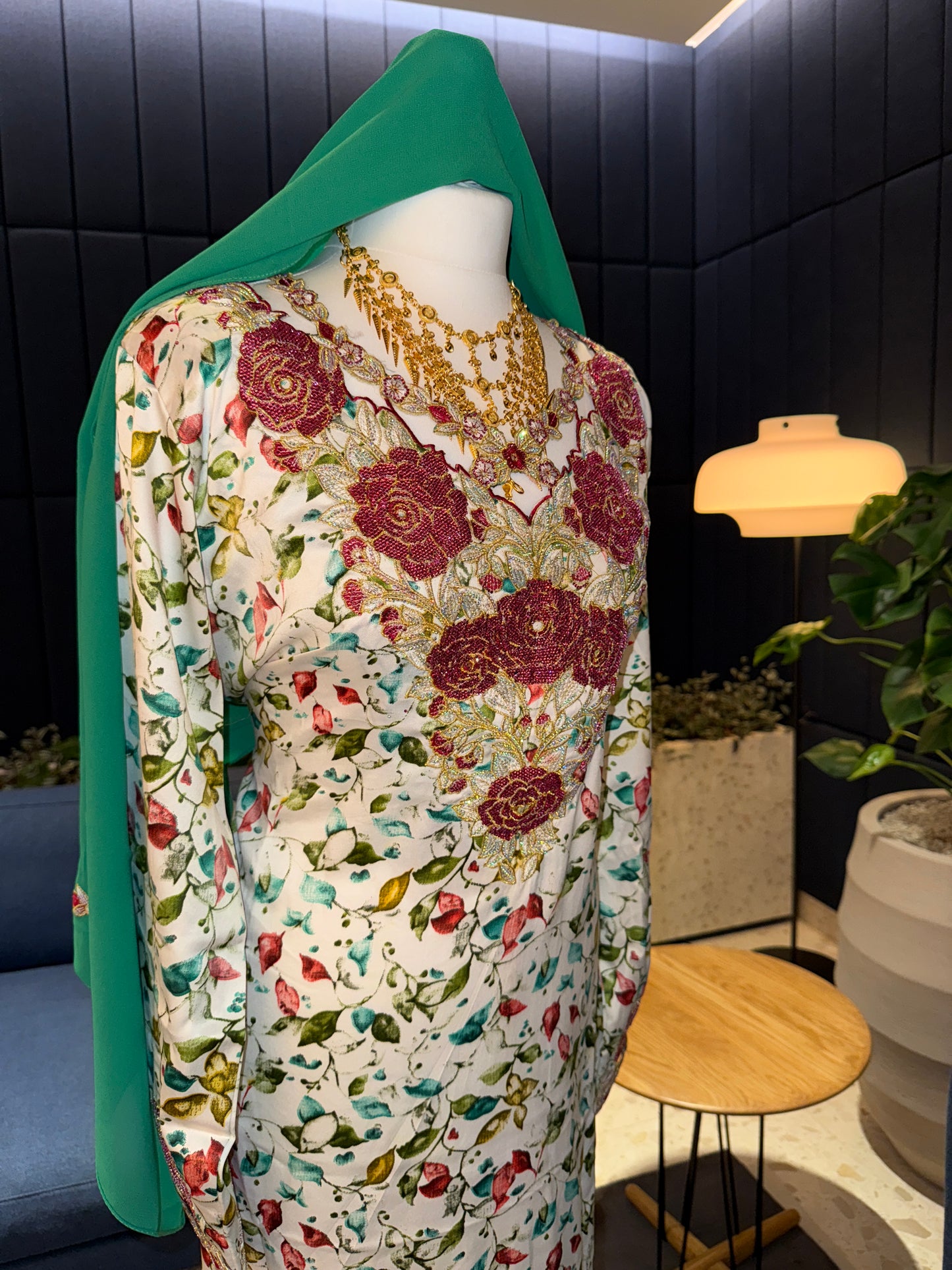 Green and white mukhawar with hijab