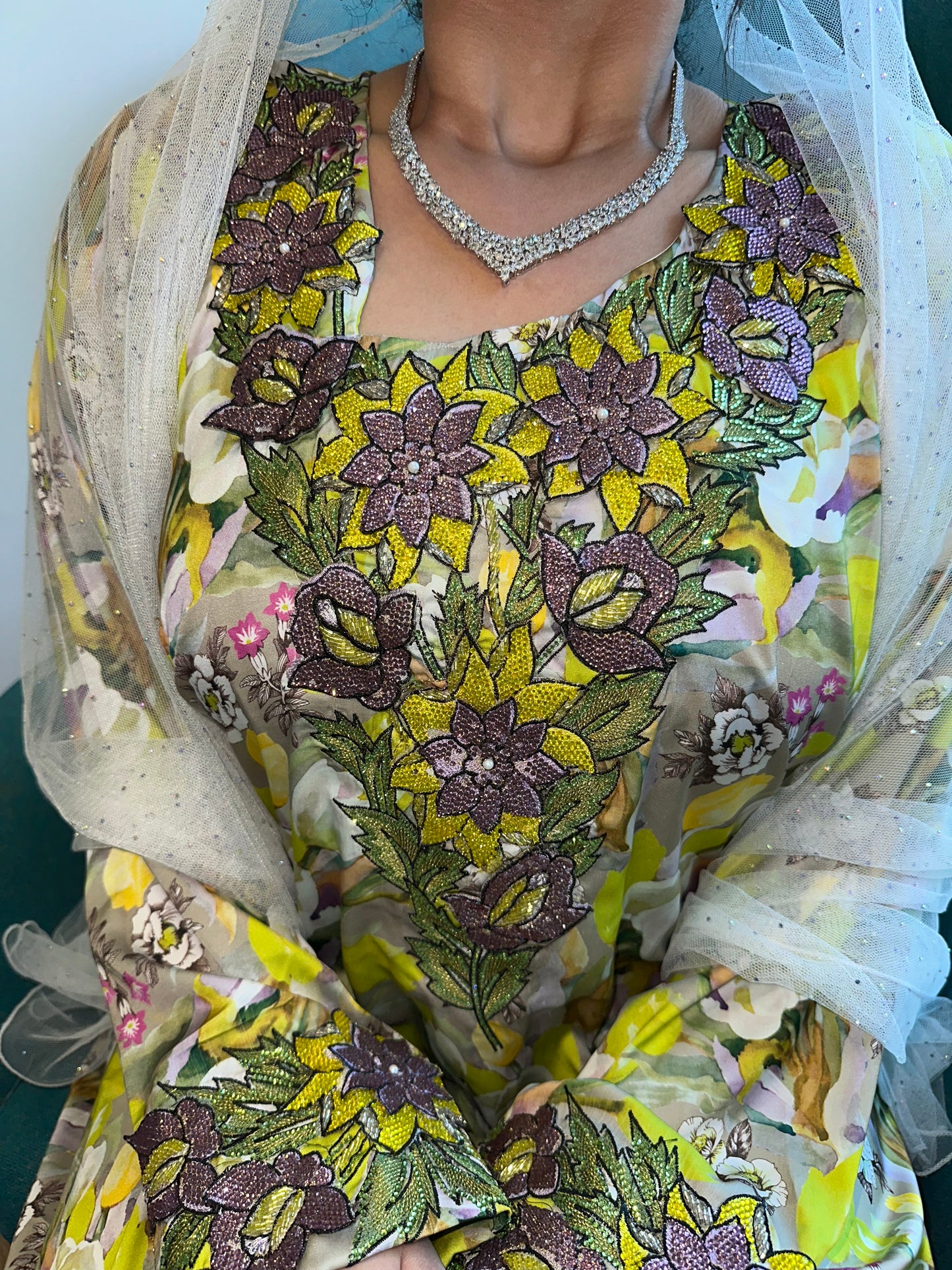Green and purple mkhawar pure silk mkhawar