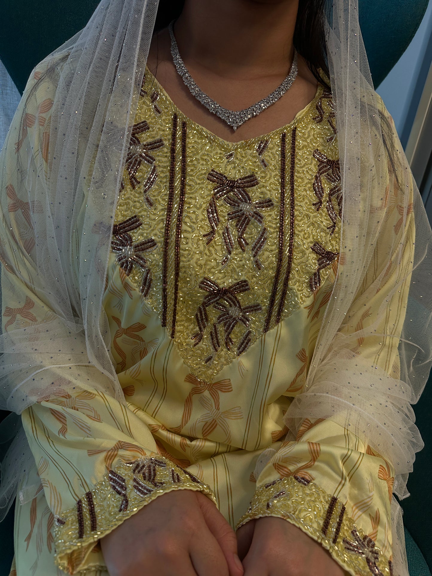 Yellow mkhawar pure silk with back corset