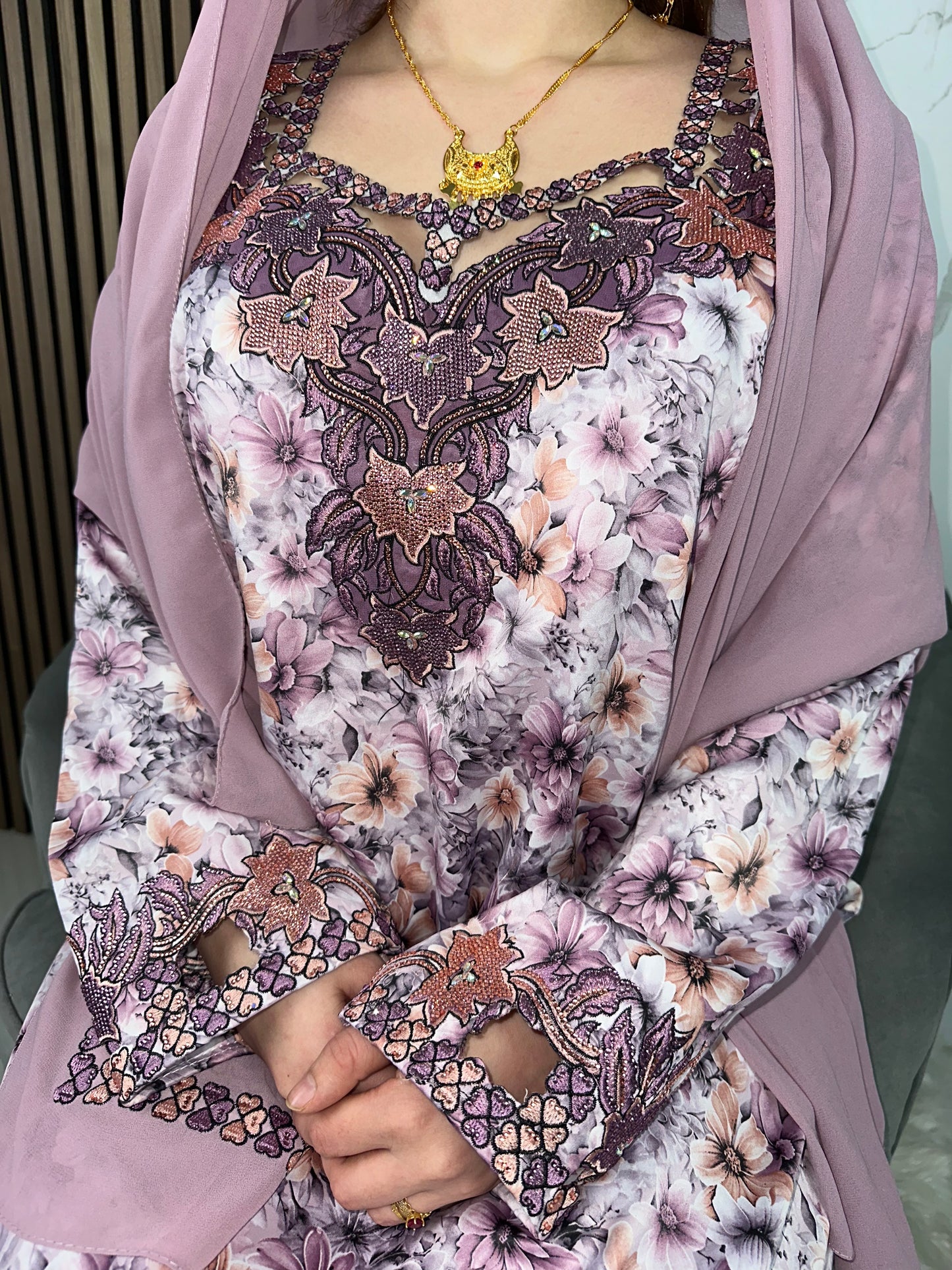 Purple mkhawar with matching Shiela and back corset