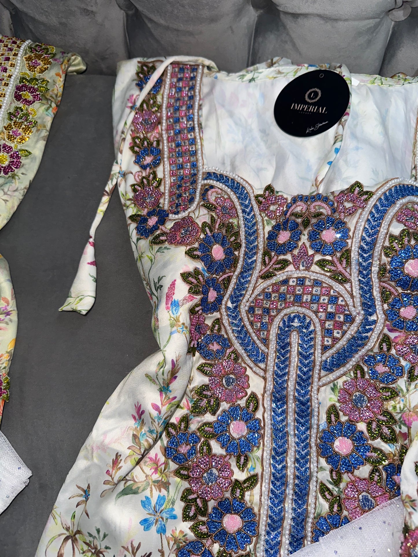 Pink, creamy, grey, green and white handmade mkhawar with corset back and chiffon Shiela