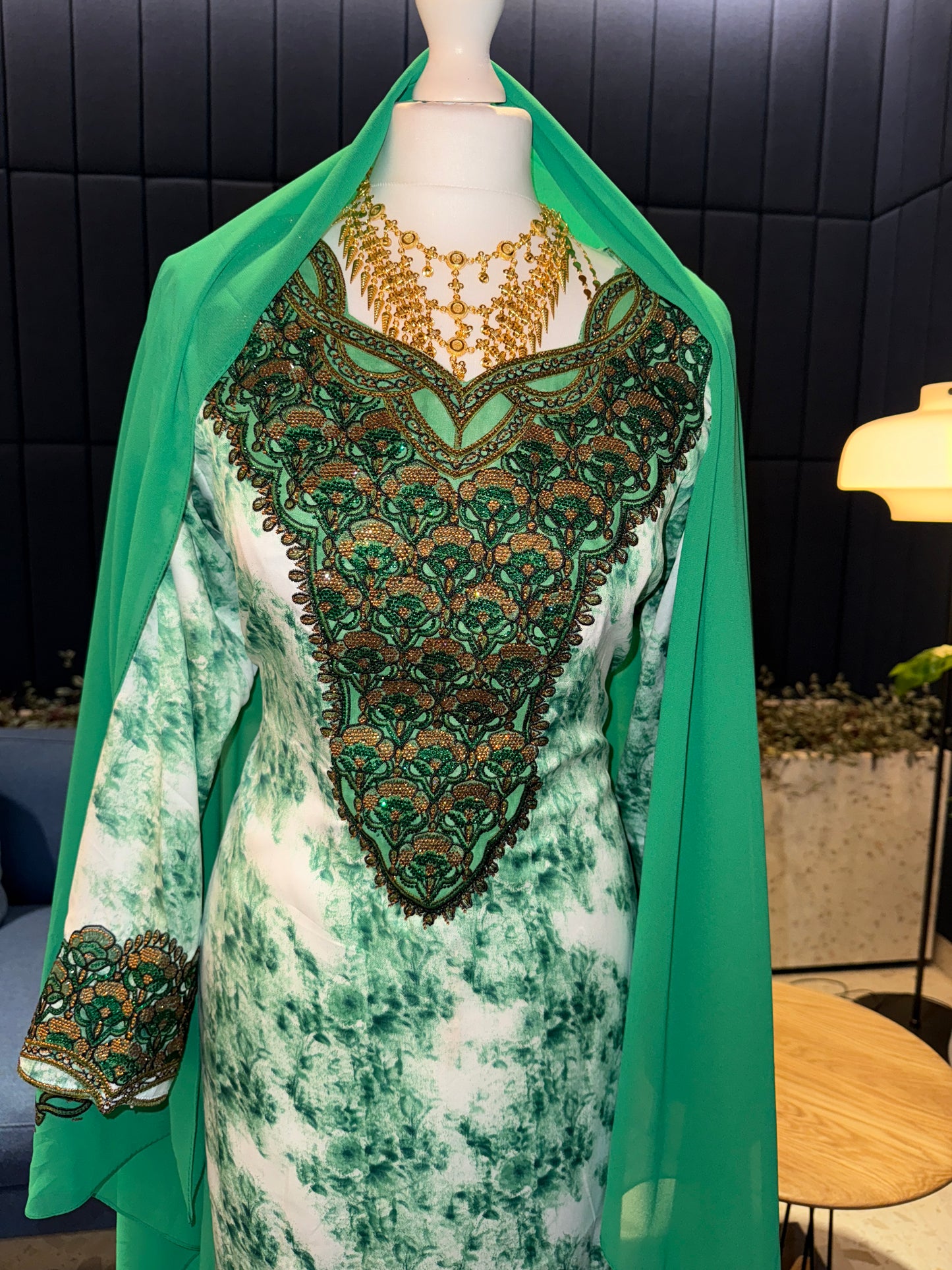 Green mukhawar with hijab and corset back