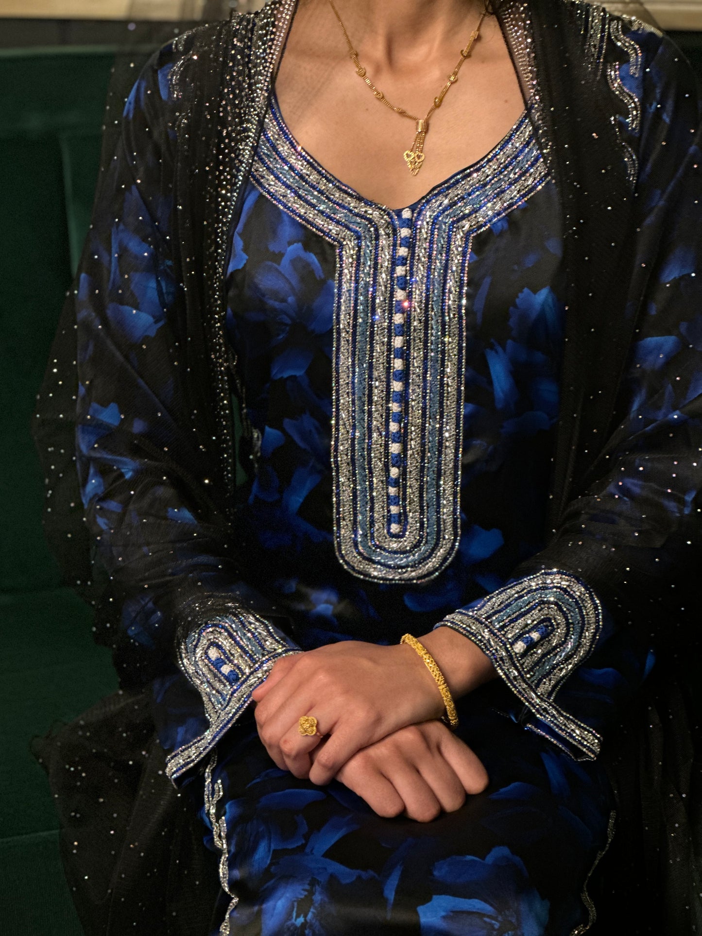 Pure silk beaded mkhawar Moroccan kaftan style with corset back and black Shiela