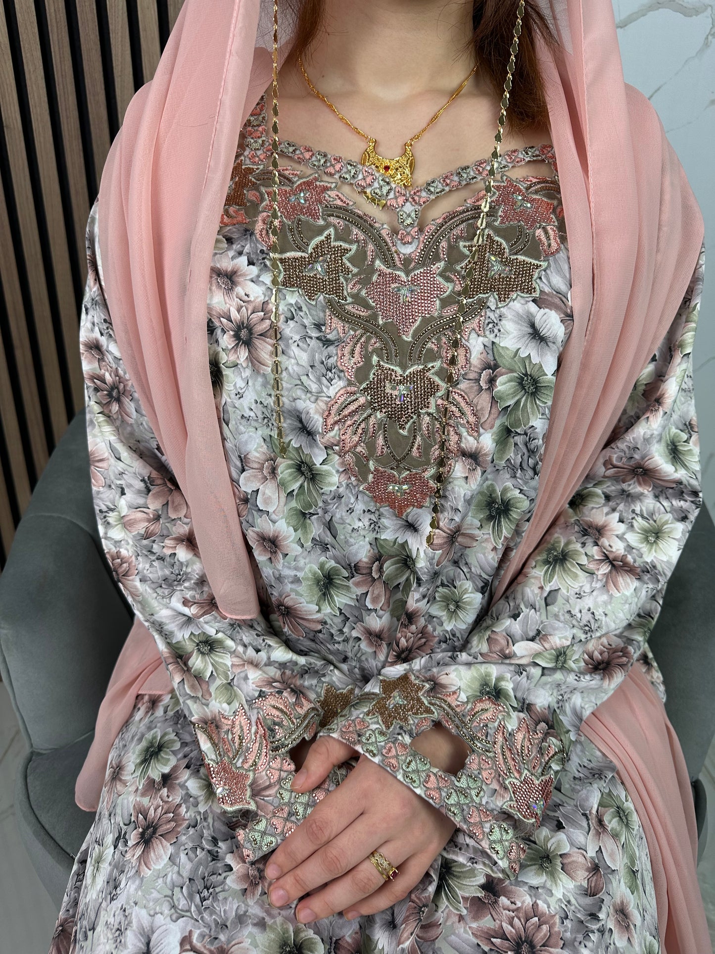 Peach mkhawar with matching Shiela and back corset