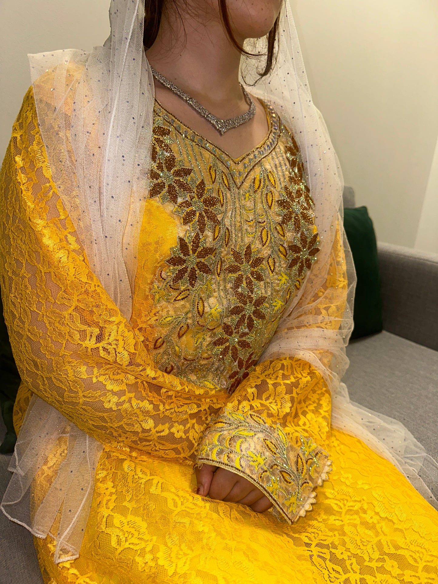 Mustard yellow lace mkhawar
