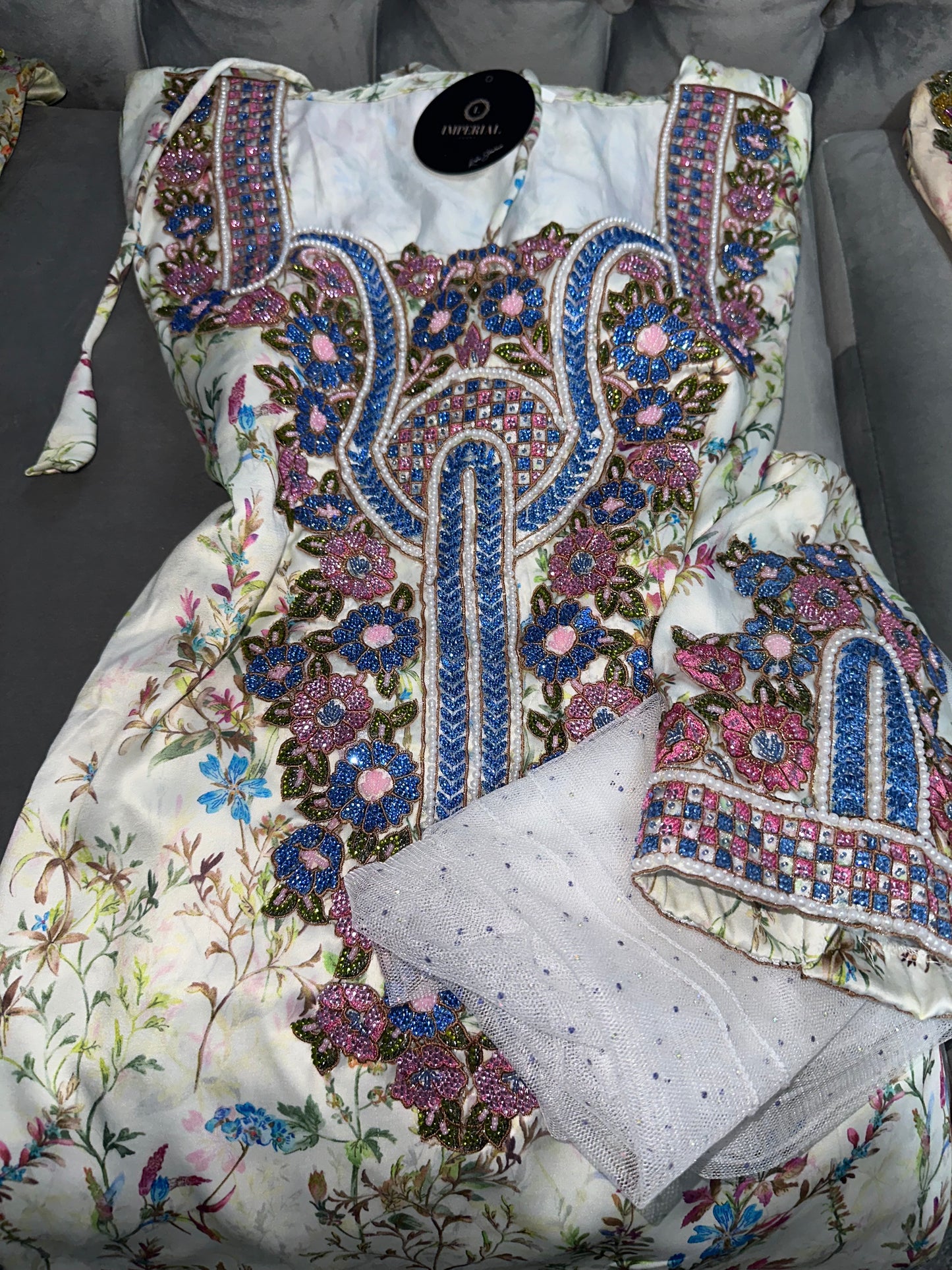 Pink, creamy, grey, green and white handmade mkhawar with corset back and chiffon Shiela