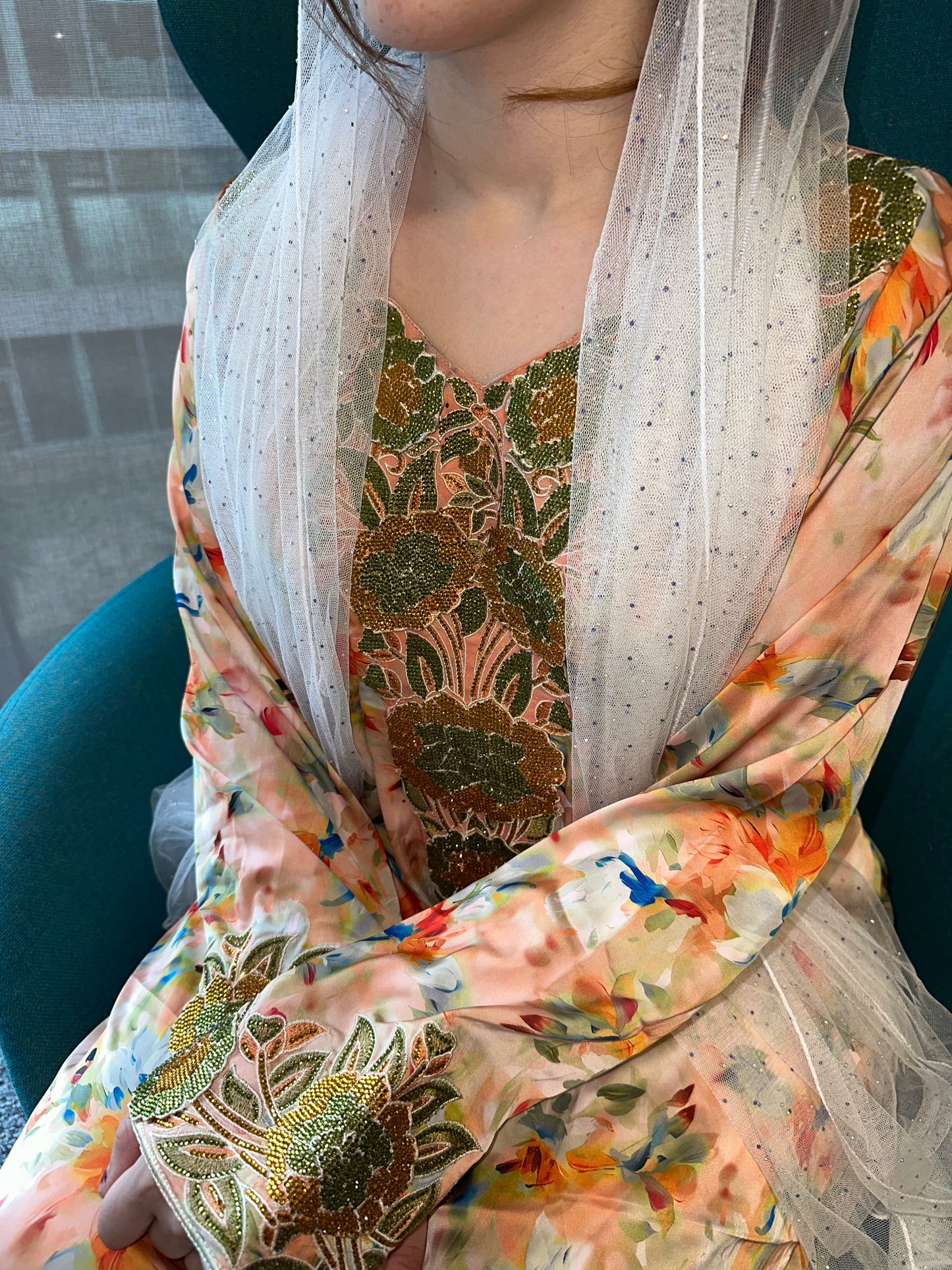 Green and orange mkhawar pure silk