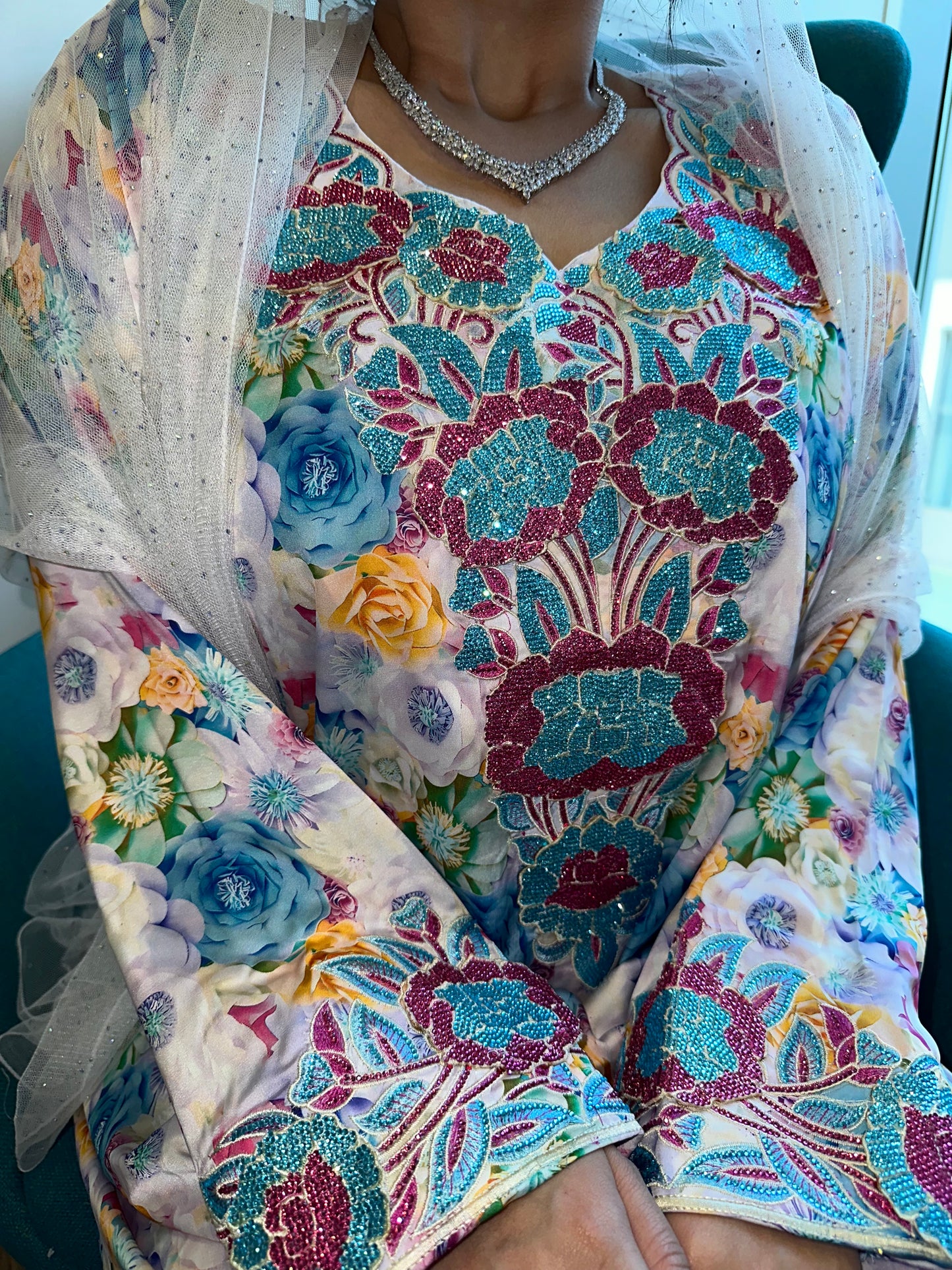 Floral with purple and blue pure silk mkhawar