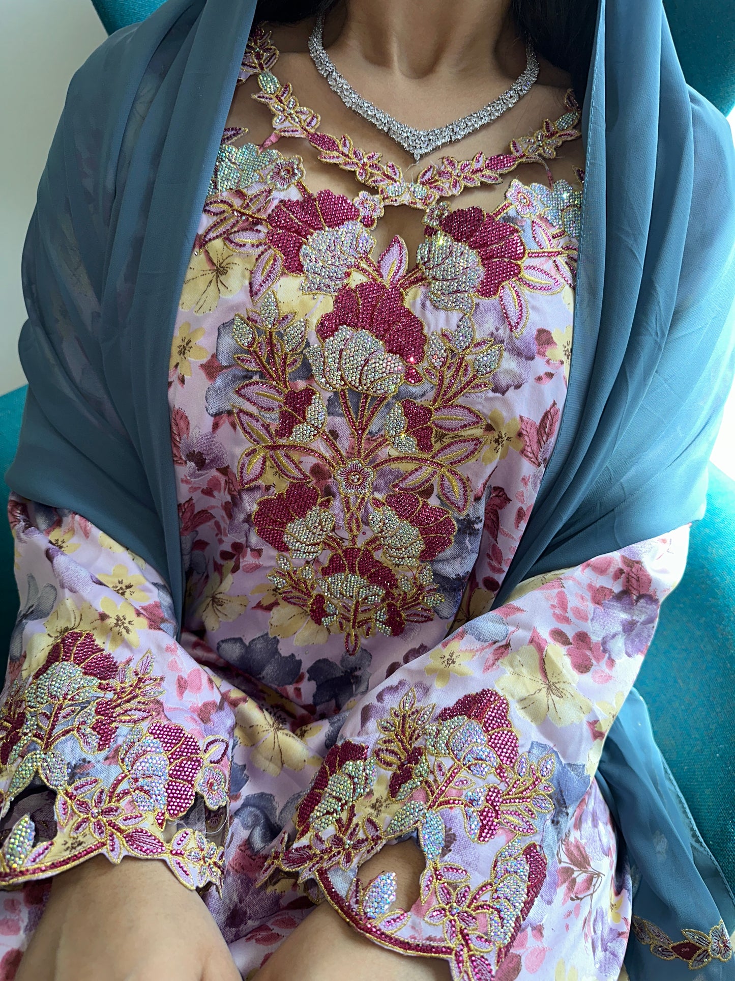 Purple6 and grey mkhawar with matching Shiela