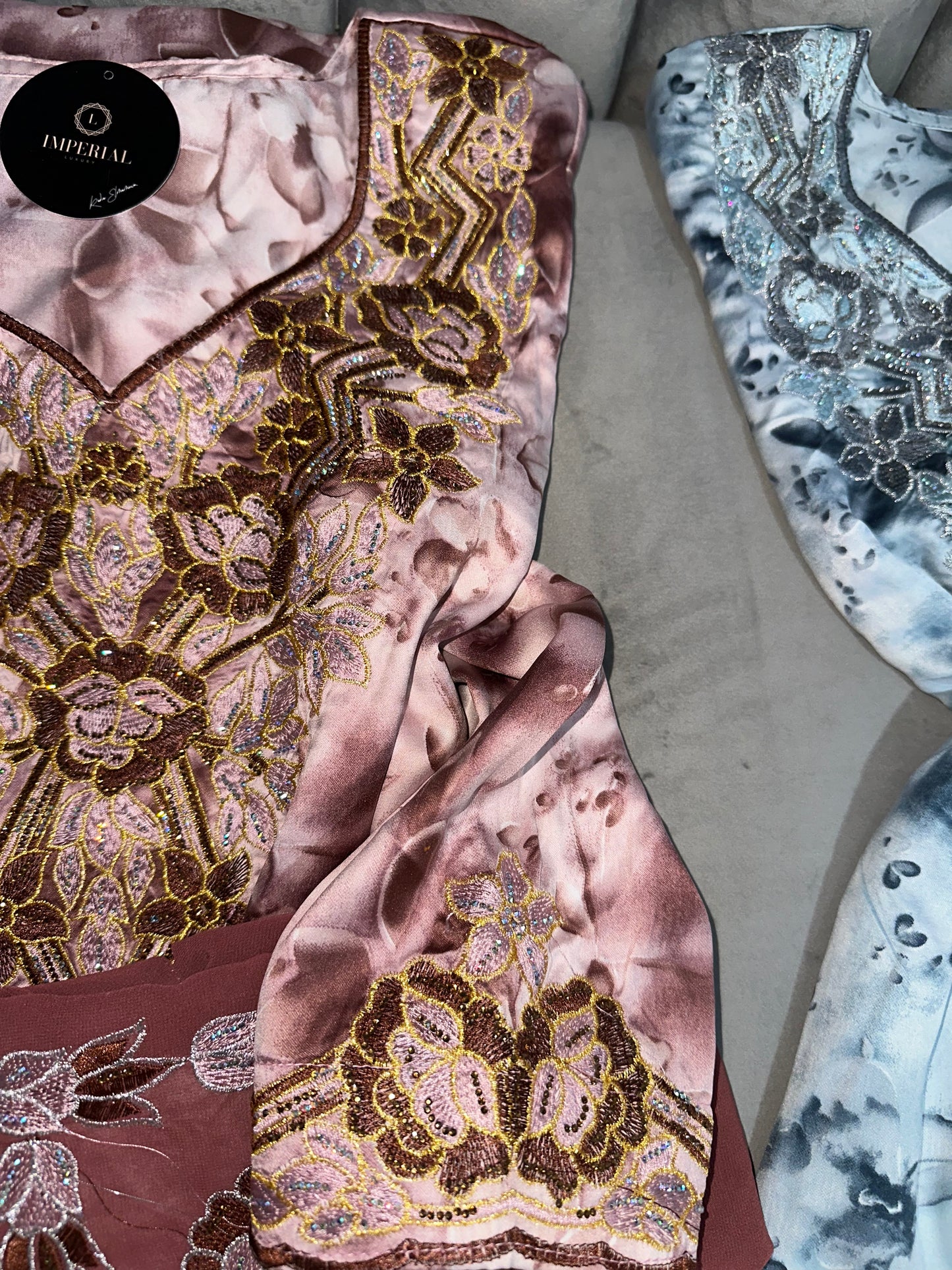 Cream, blue, green and rose mkhawars with matching Shiela