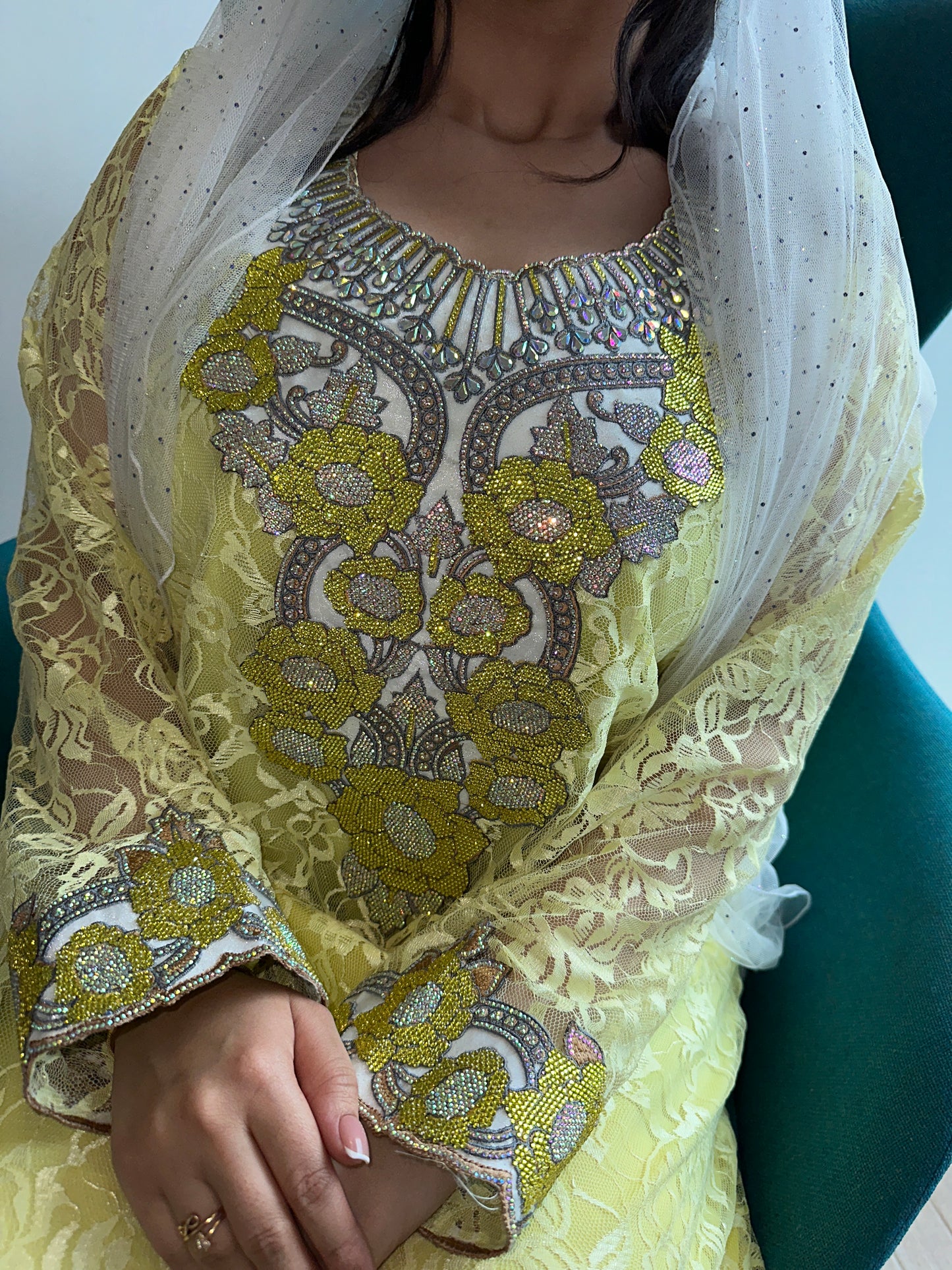 Light Yellow lace mkhawar