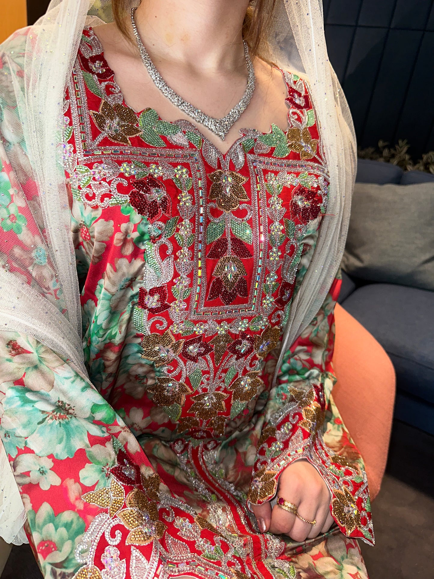 Red Laila pure silk mkhwar with corset back and hachiyah with white chiffon Sheila