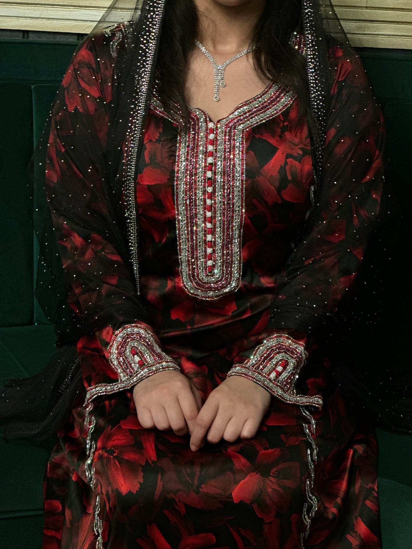 Pure silk beaded mkhawar Moroccan kaftan style with corset back and black Shiela