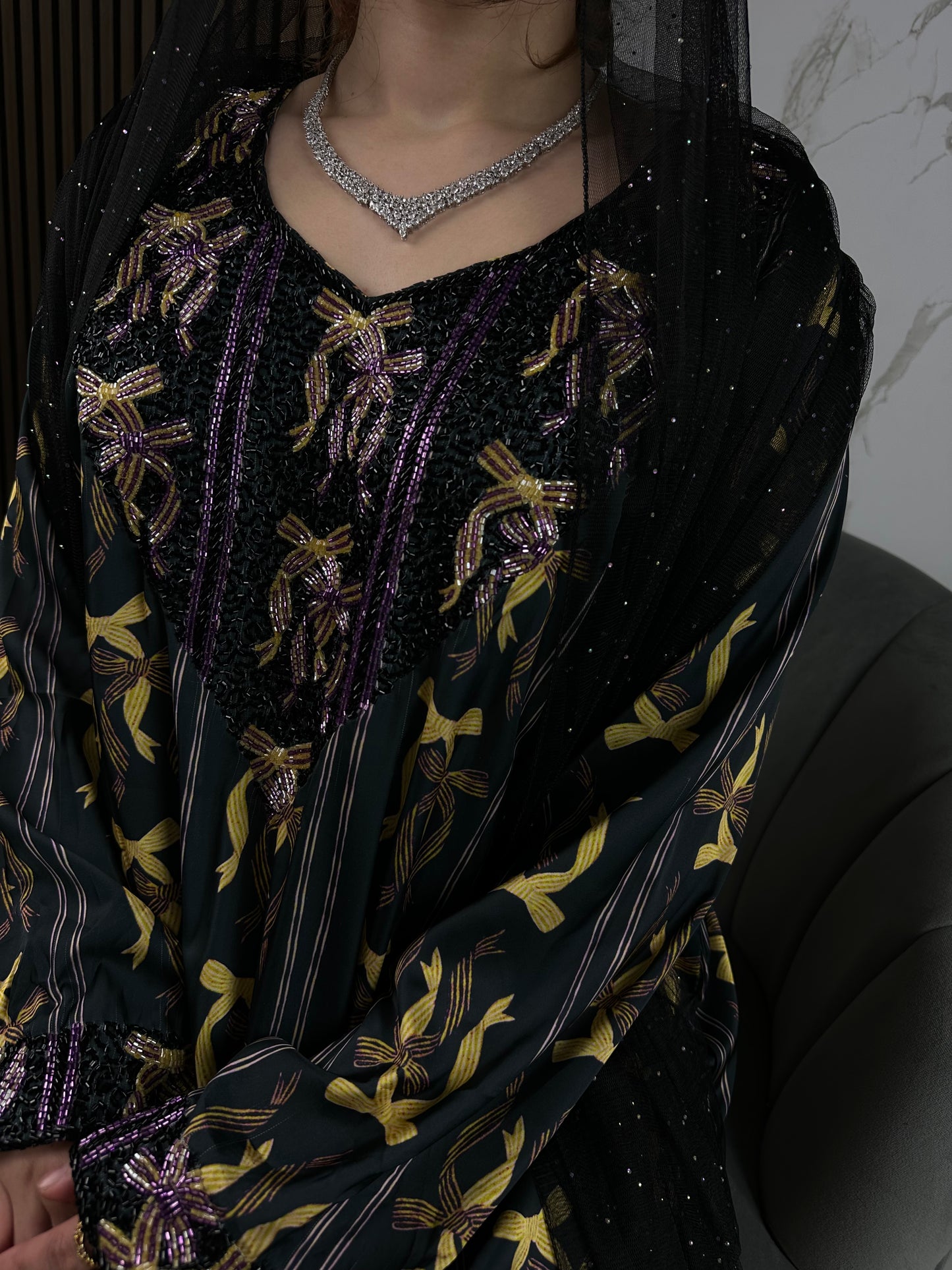Black mkhawar pure silk with back corset