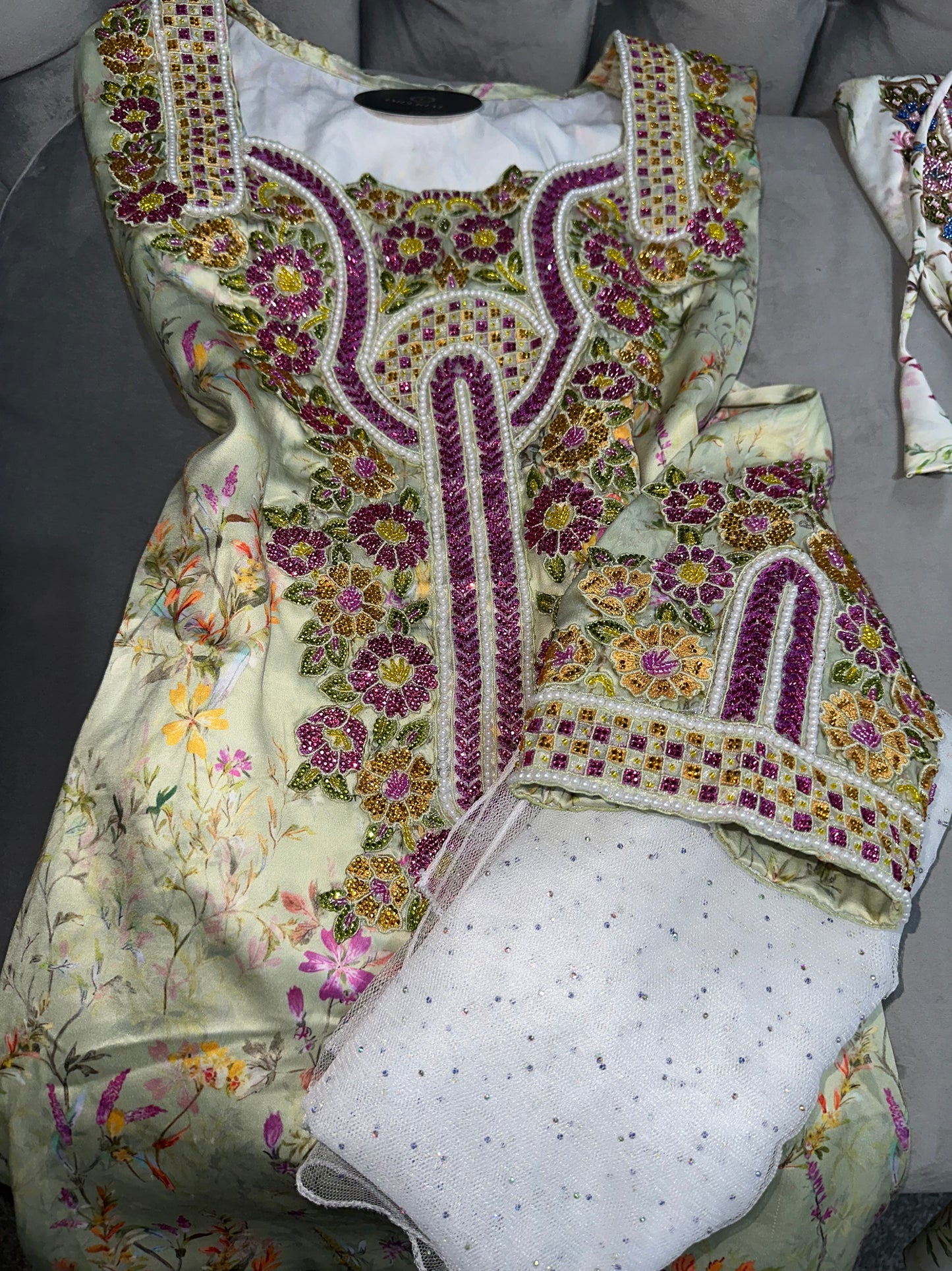 Pink, creamy, grey, green and white handmade mkhawar with corset back and chiffon Shiela