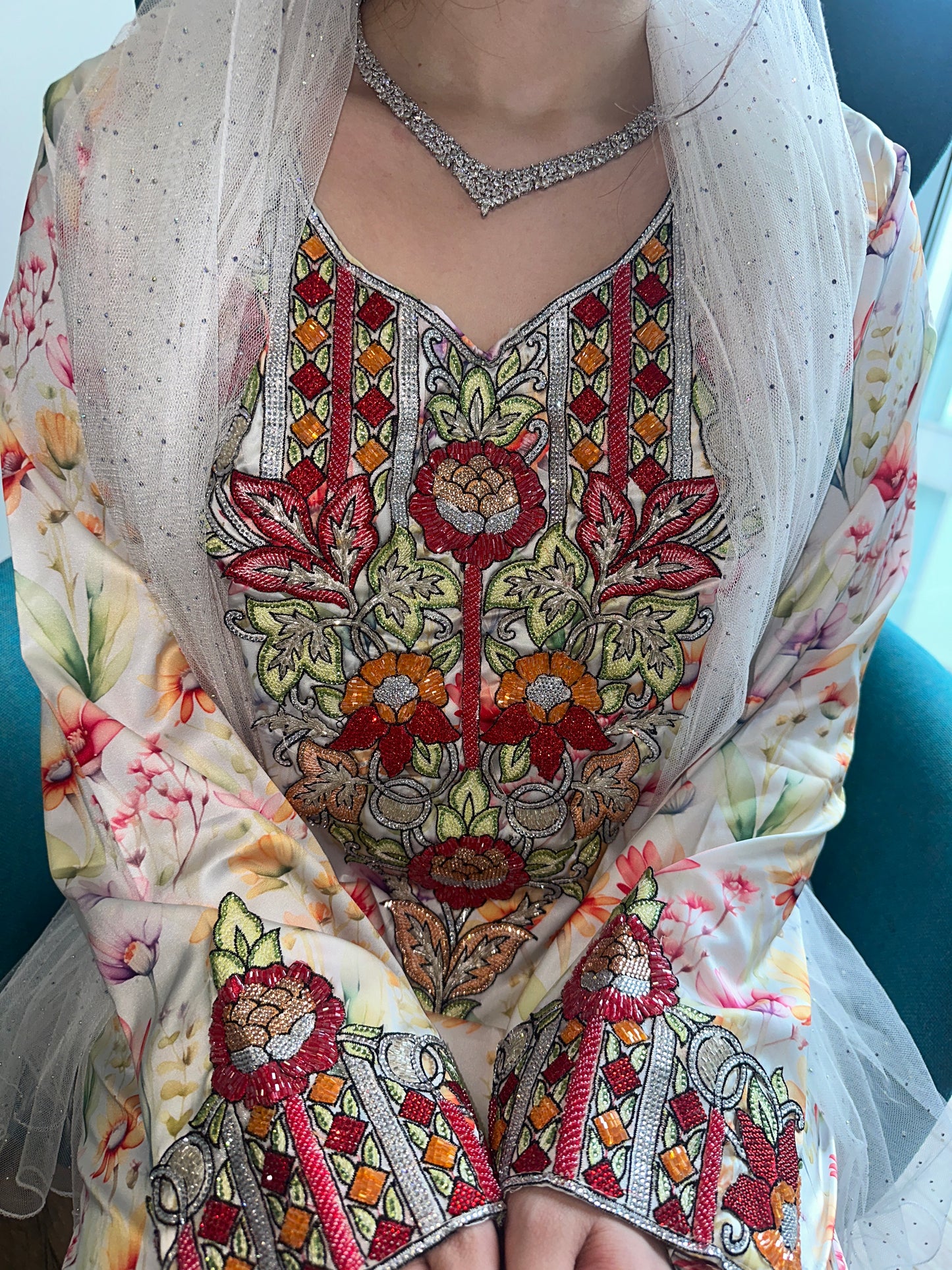 Red flowers beaded, pure silk mkhawar