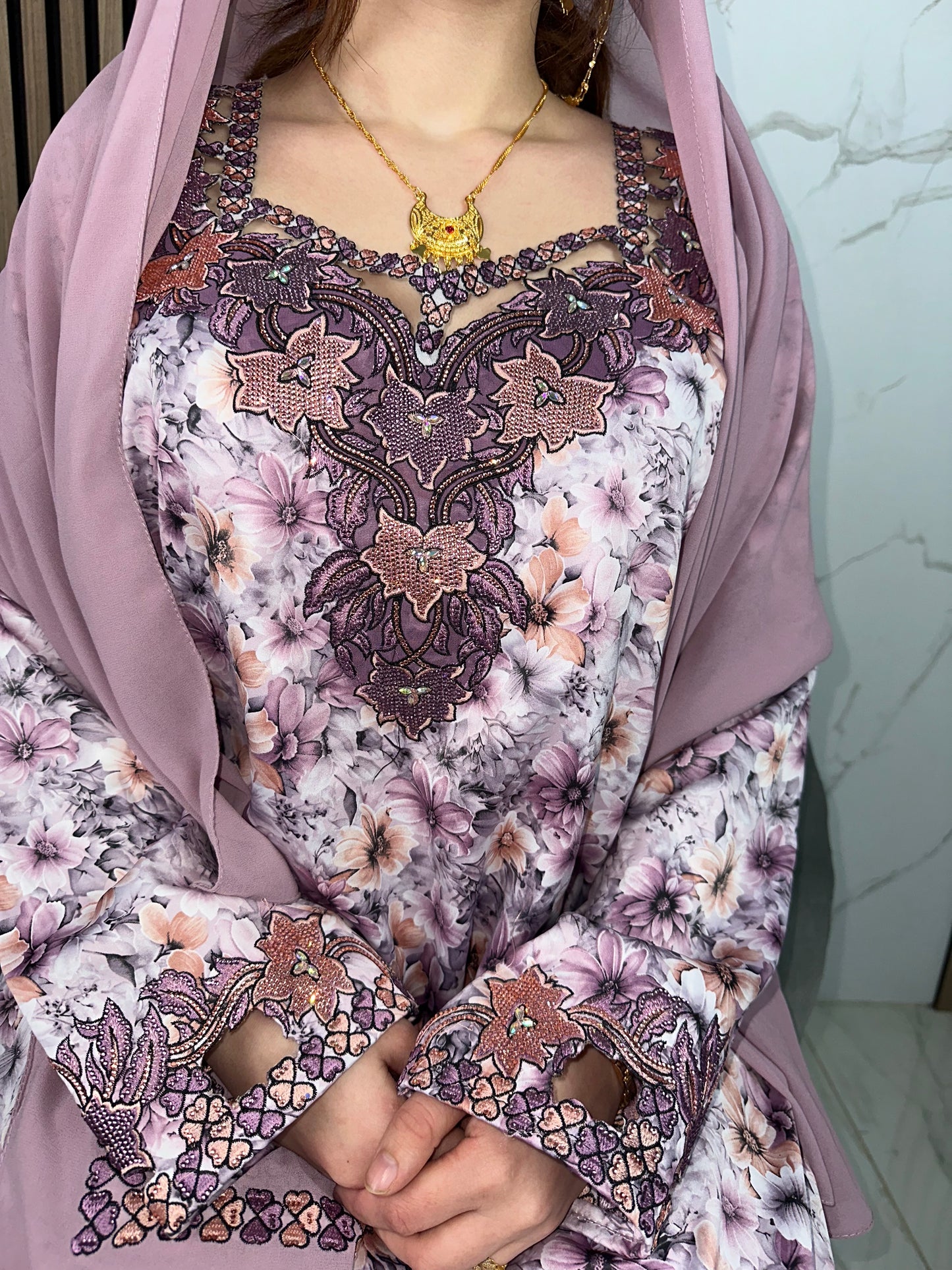 Purple mkhawar with matching Shiela and back corset