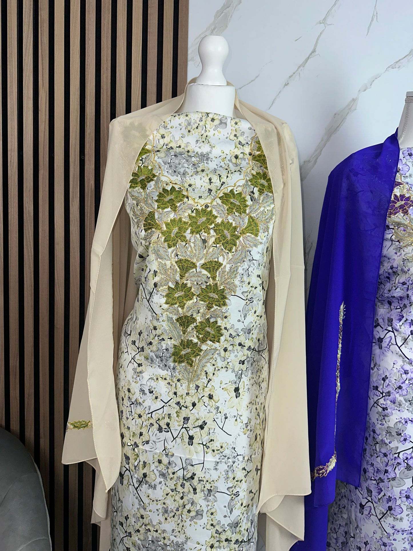Unstitched mkhawars floral design with matching Shiela